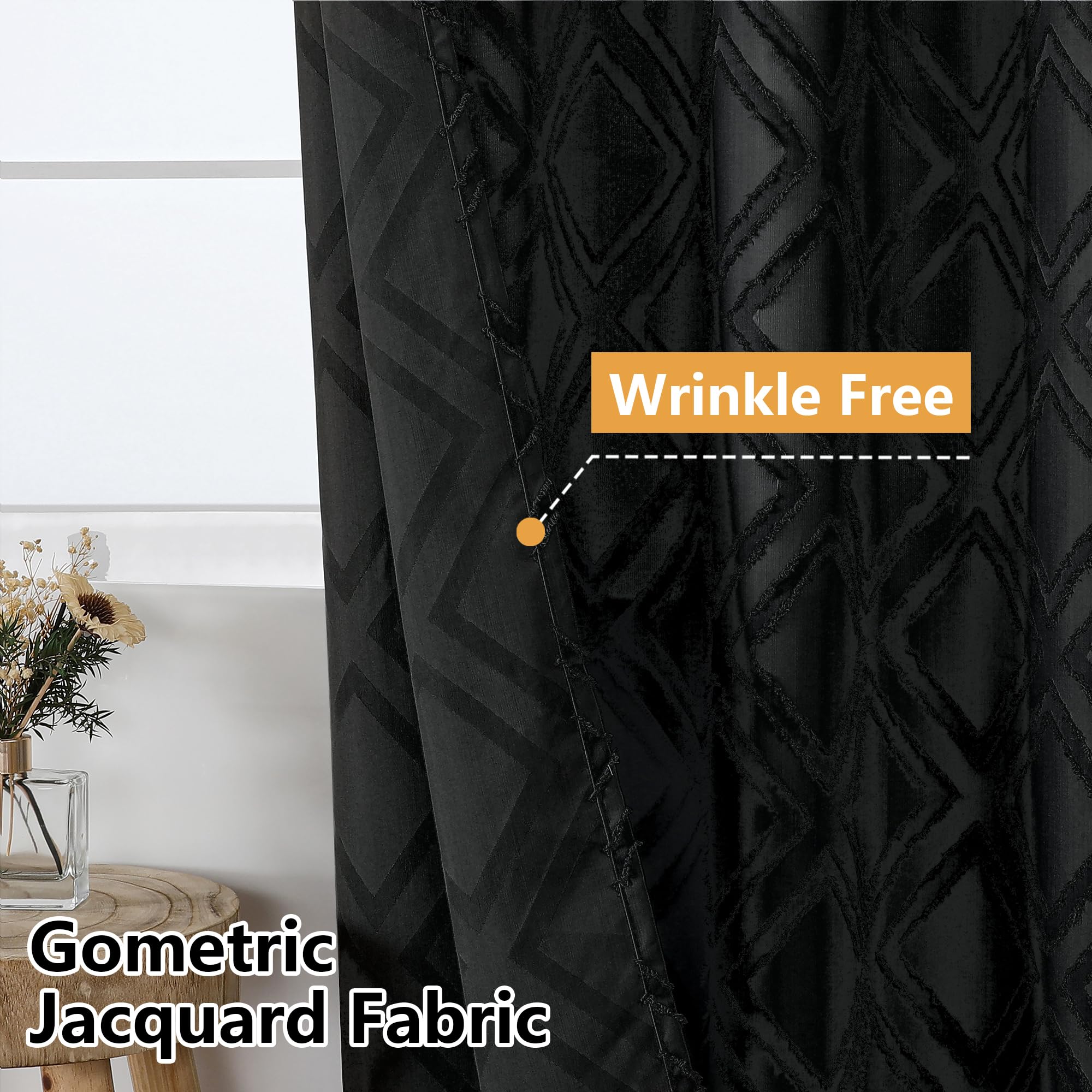 Owenie Extra Long 96 Inch Black Shower Curtains, Boho Fabric Shower Curtain Grommet Top With 12 Hooks, Elegant Modern Jacquard G