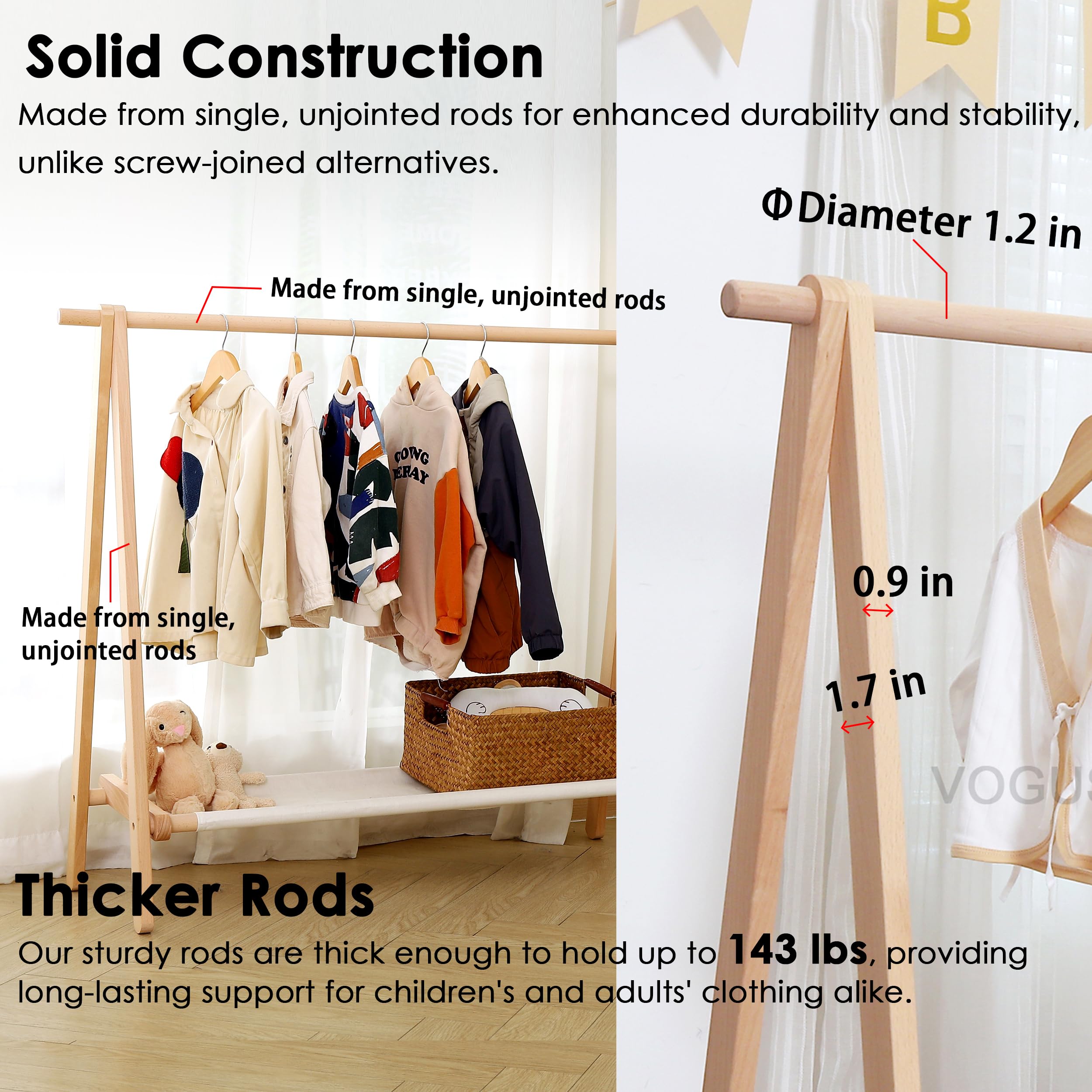 VOGUSLAND Dress up Rack  Child Garment Rack  Kids Clothing Rack with Storage Shelf (Natural Beech  47.5 '' L x 14.5 '' W x 40 '' H)