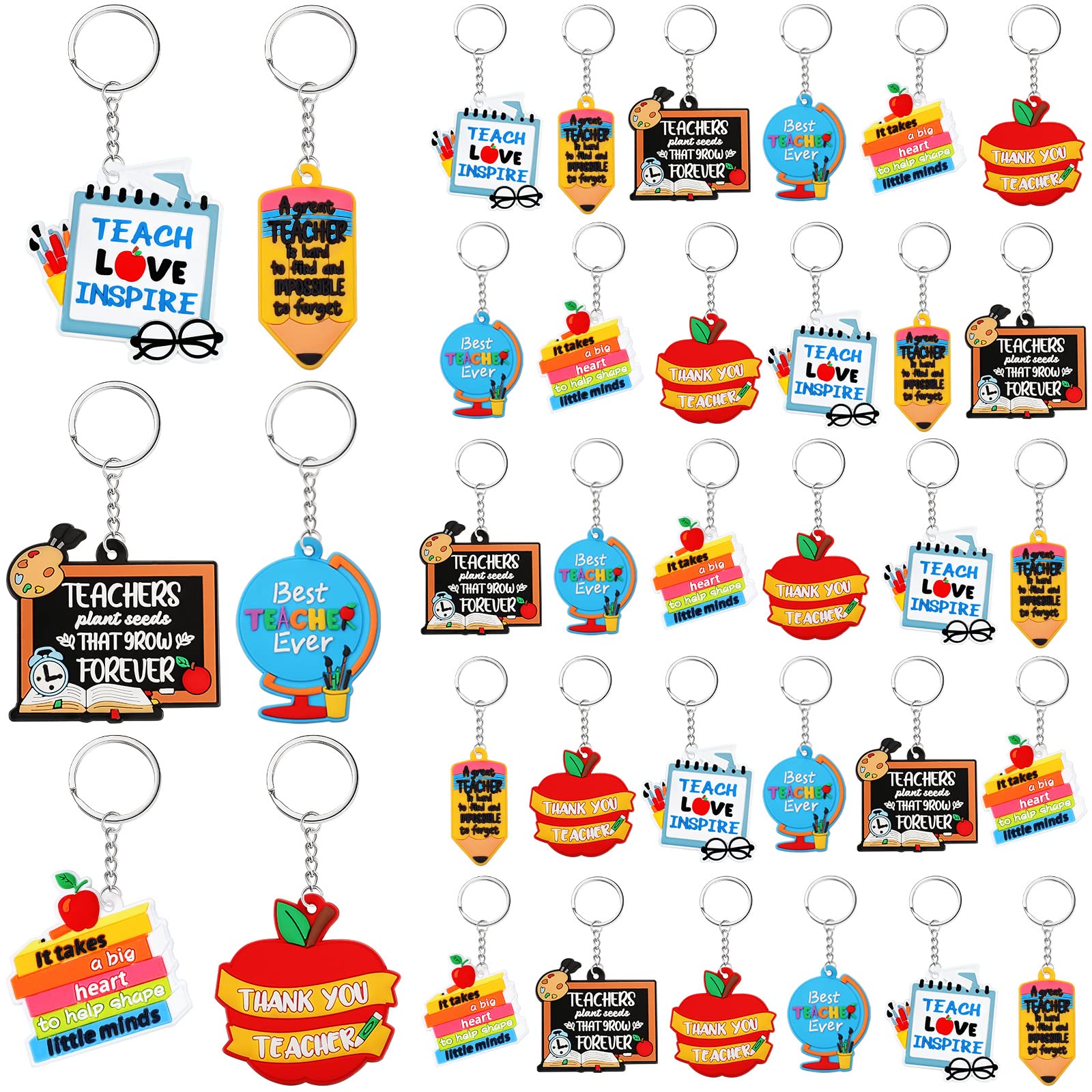 Henoyso 36 Pcs Teacher Keychains Bulk Teachers Appreciation Gifts in Bulk For Women Men Thank You Keyring Gifts (Book,Silicone)
