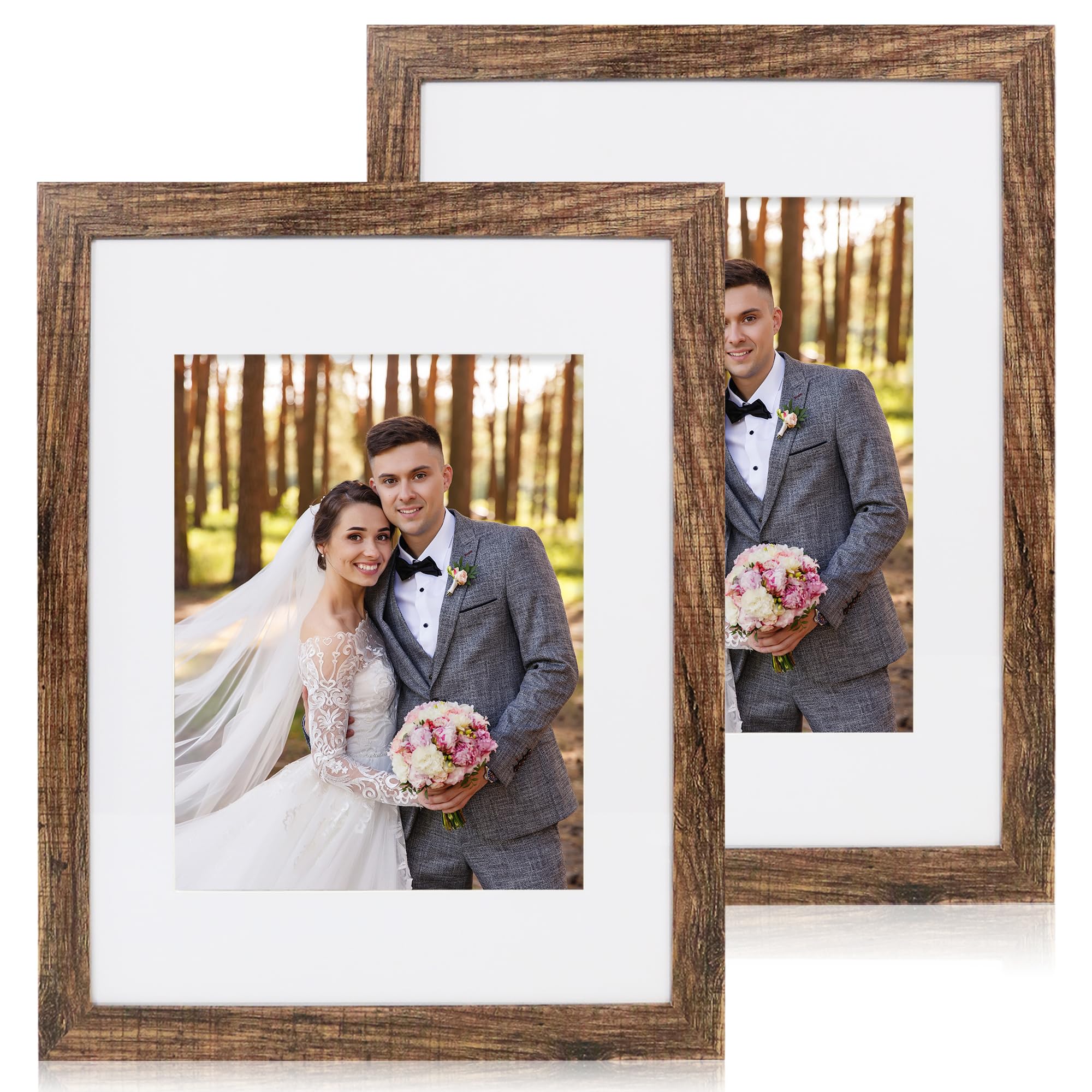 Hongkee 11x14 Picture Frame Set of 2, Made of Real Glass and Rustic Brown Wooden Frame, Display 8x10 Pictures with Mat or 11 x 1
