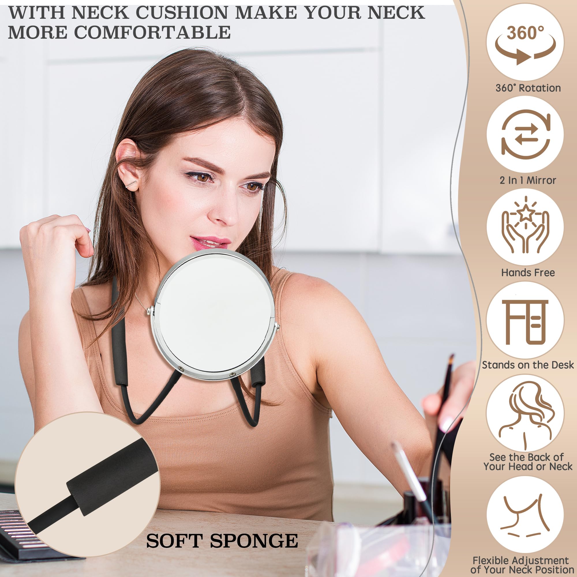XWZMR Double Sided Adjustable Mirror 360° - 25.9"x6.7", 5X Magnification, Flexible Neck, Alloy Steel, White