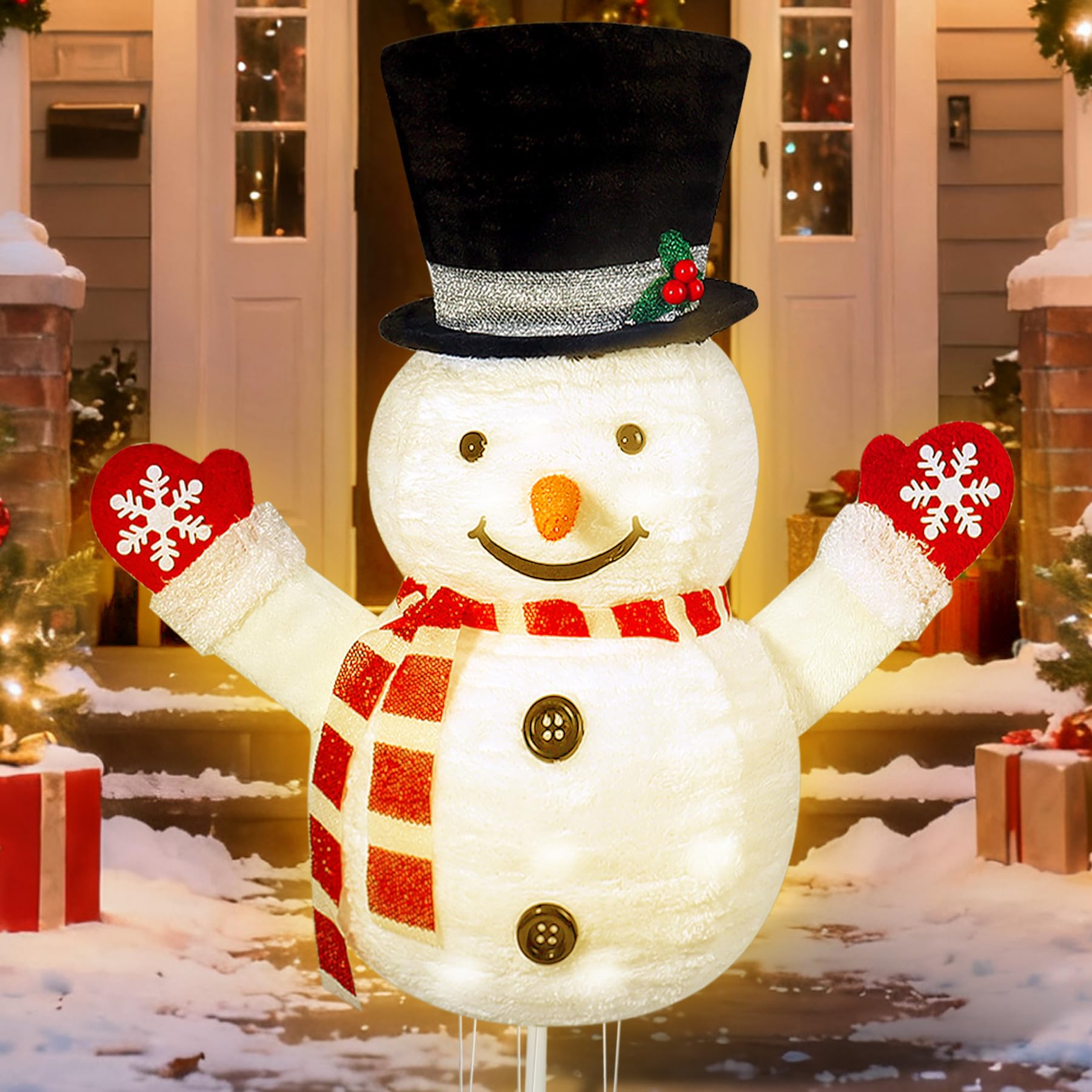 Hogrance 30.32 Inch Lighted Snowman Decorations, Battery Operated Christmas Lights for Porch Patio Yard, Waterproof Collapsible 