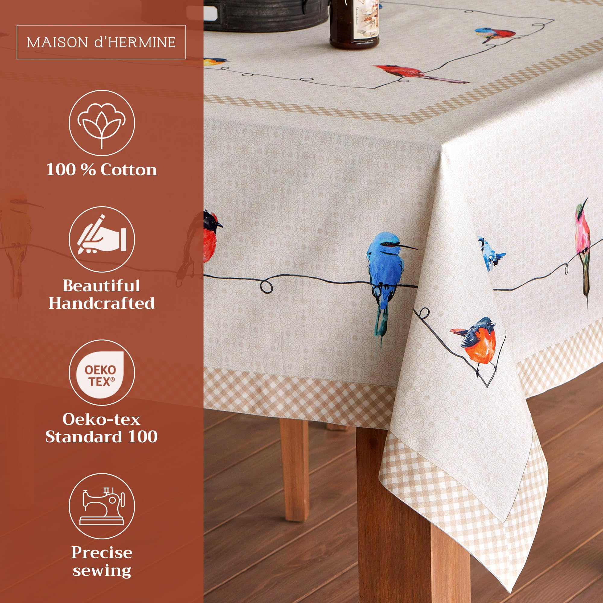 Maison D' Hermine Tablecloth 100% Cotton Table Cover Decorative Washable Rectangle Tablecloths For Kitchen, Dining, Buffet Party