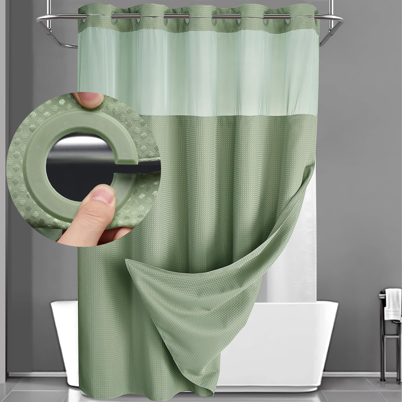 Yellyhommy No Hook Shower Curtain With Snap In Liner Set Sage Green Waffle Shower Curtain For Bathroom 75'' L X 72'' W