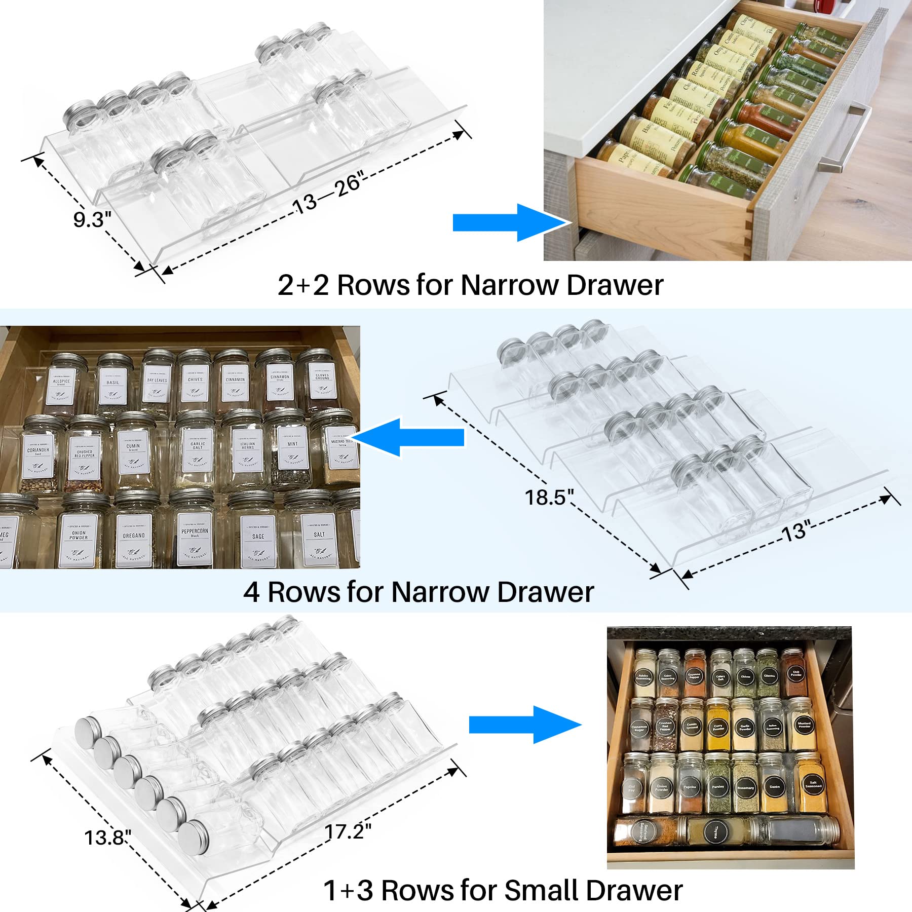 Antimbee Spice Drawer Organizer, 4 Tier- 4 Pack Acrylic Spice Rack Tray for Drawer,Kitchen Spice Rack Tray for Countertop expand