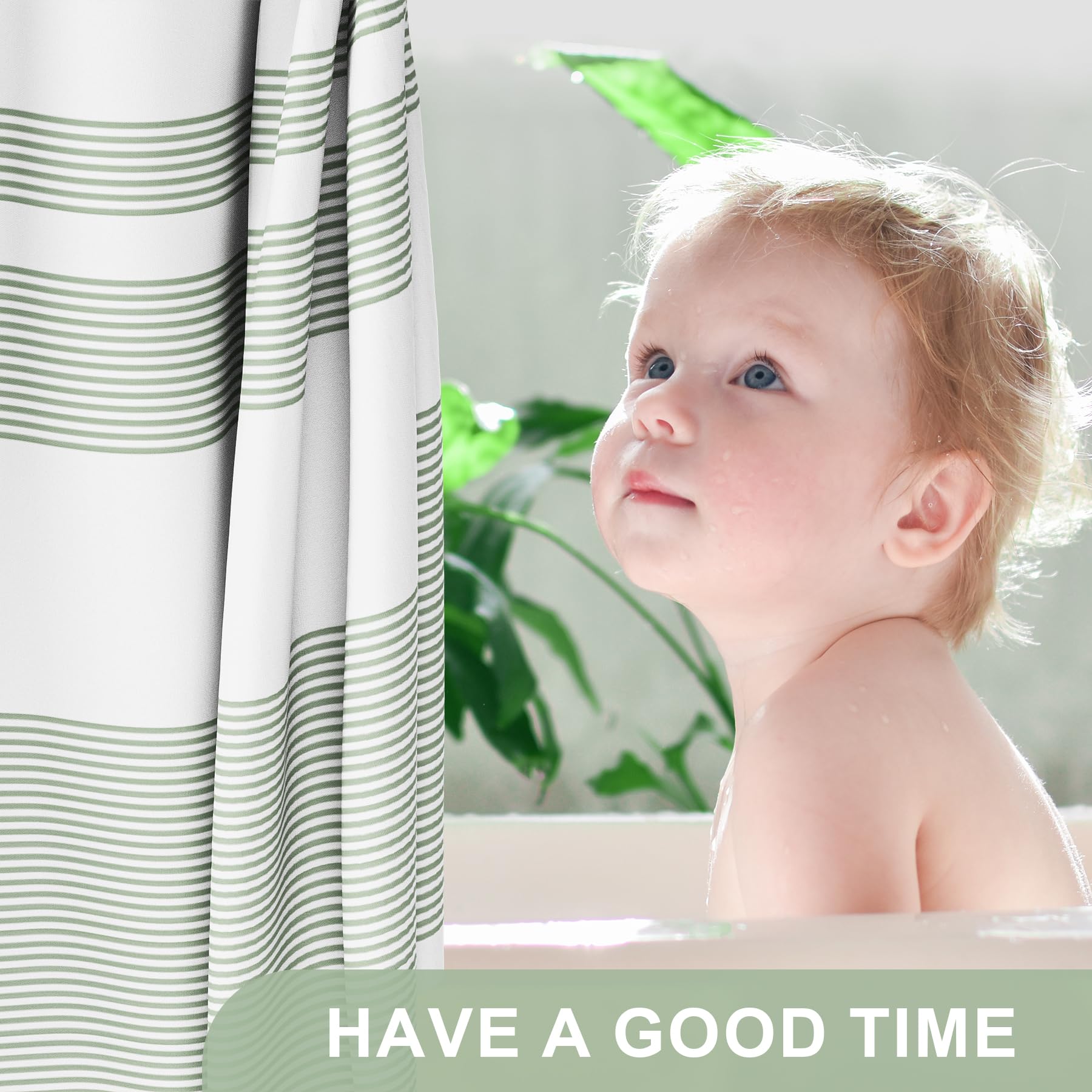 Amazerbath Shower Curtain, Washable Cloth Sage Green Shower Curtain With 12 Shower Curtain Hooks, Fabric Green And White Striped