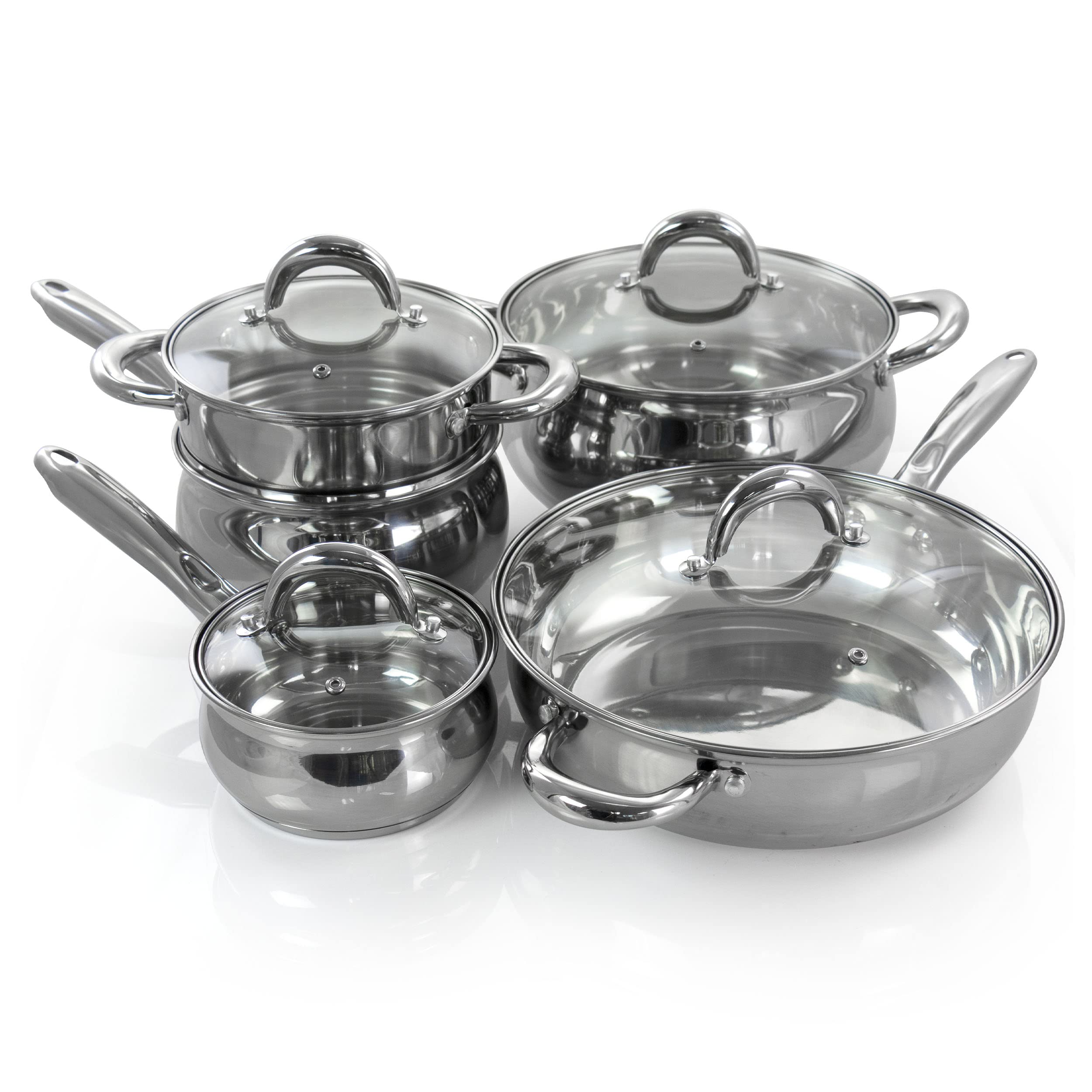 Gibson Home Ancona 12 Piece Stainless Steel Belly Shaped Cookware Set with Kitchen Tools,Silver