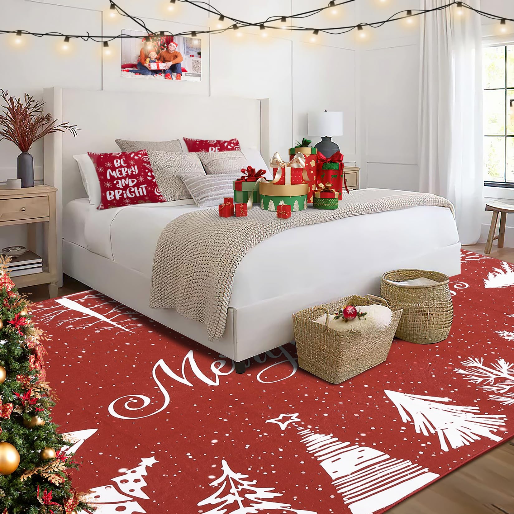 GarveeHome Large Area Rug 8x10 Christmas Merry Chrismas Rugs Xmas Tree Decorative Floor Carpet Washable Low Pile Non Skid Rusg,