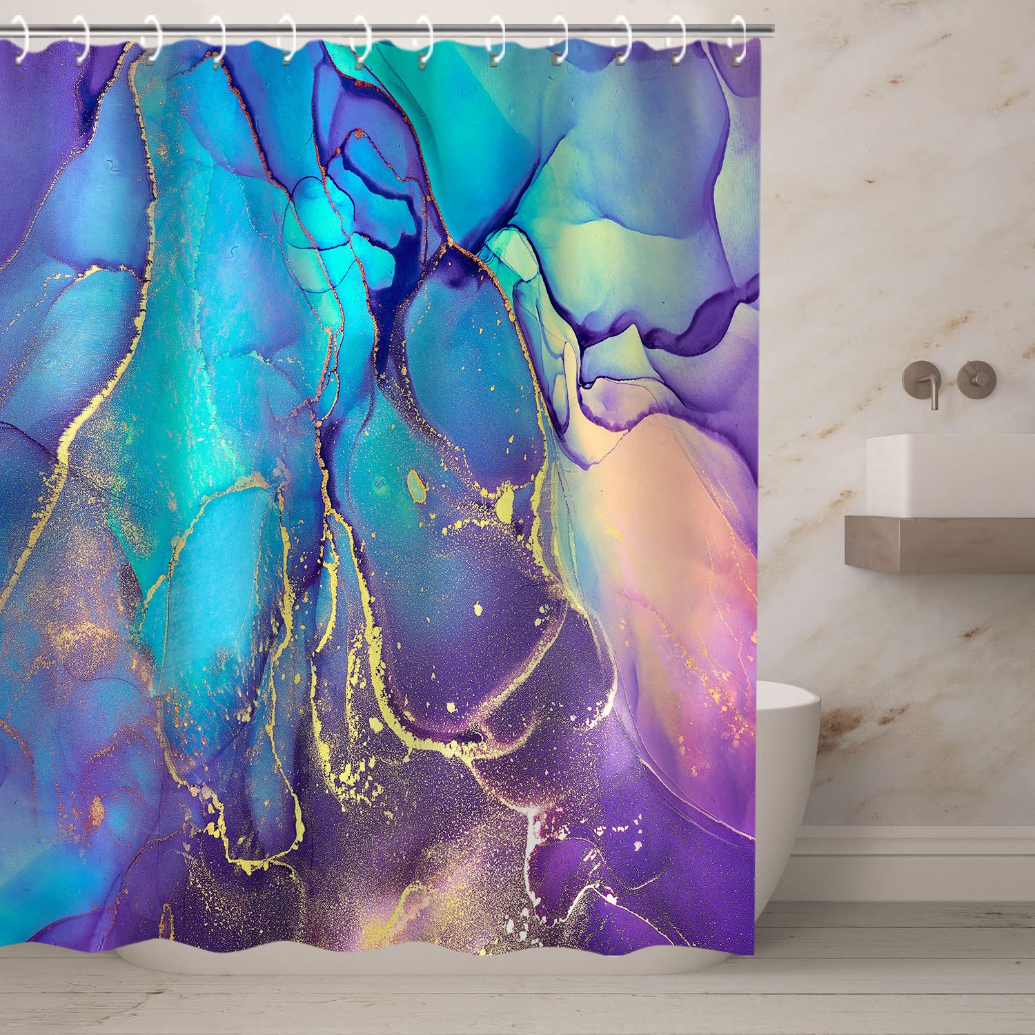 RosieLily Purple?arble?hower Curtain ?lue?bstract?athroom?urtain  Colorful?mbre Shower Curtains Set with 12 Hooks ?ink and Gold?athroom Decor ?2''x72''