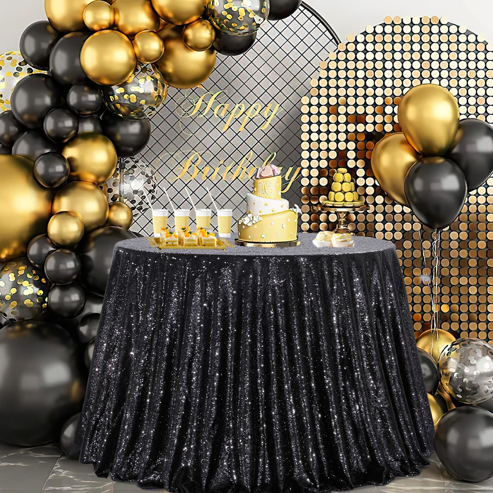 B-COOL Black Tablecloth Round Party Decorations: 90 Inch Tablecloth Sequin Overlay Glitter Fabric for Indoor and Outdoor Gatheri