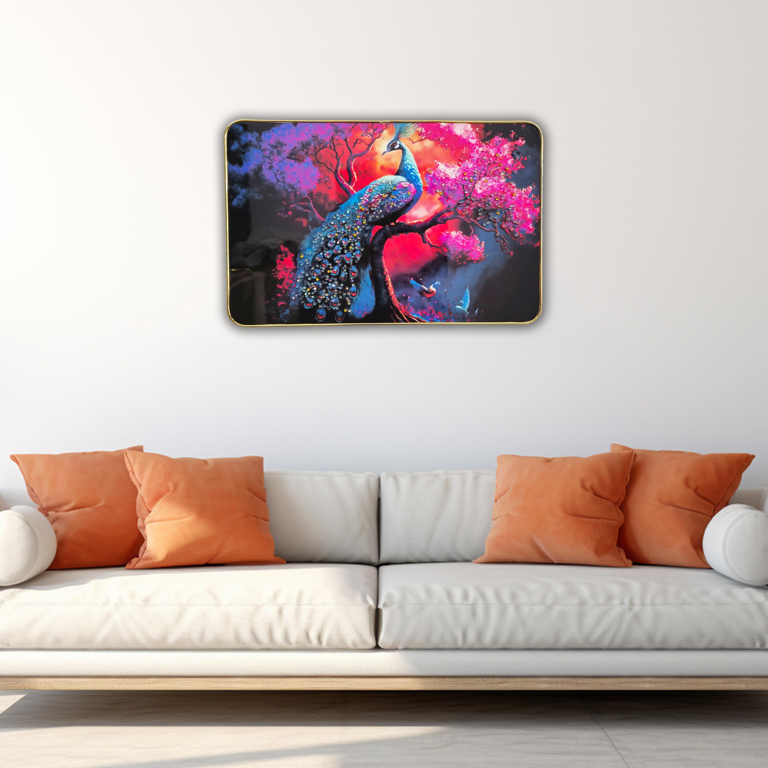 Masstone Decorative Peacock Wall Painting with Crystal Embedded High Gloss Surface Gold Slim Frame Embossed Wall Hanging Photos