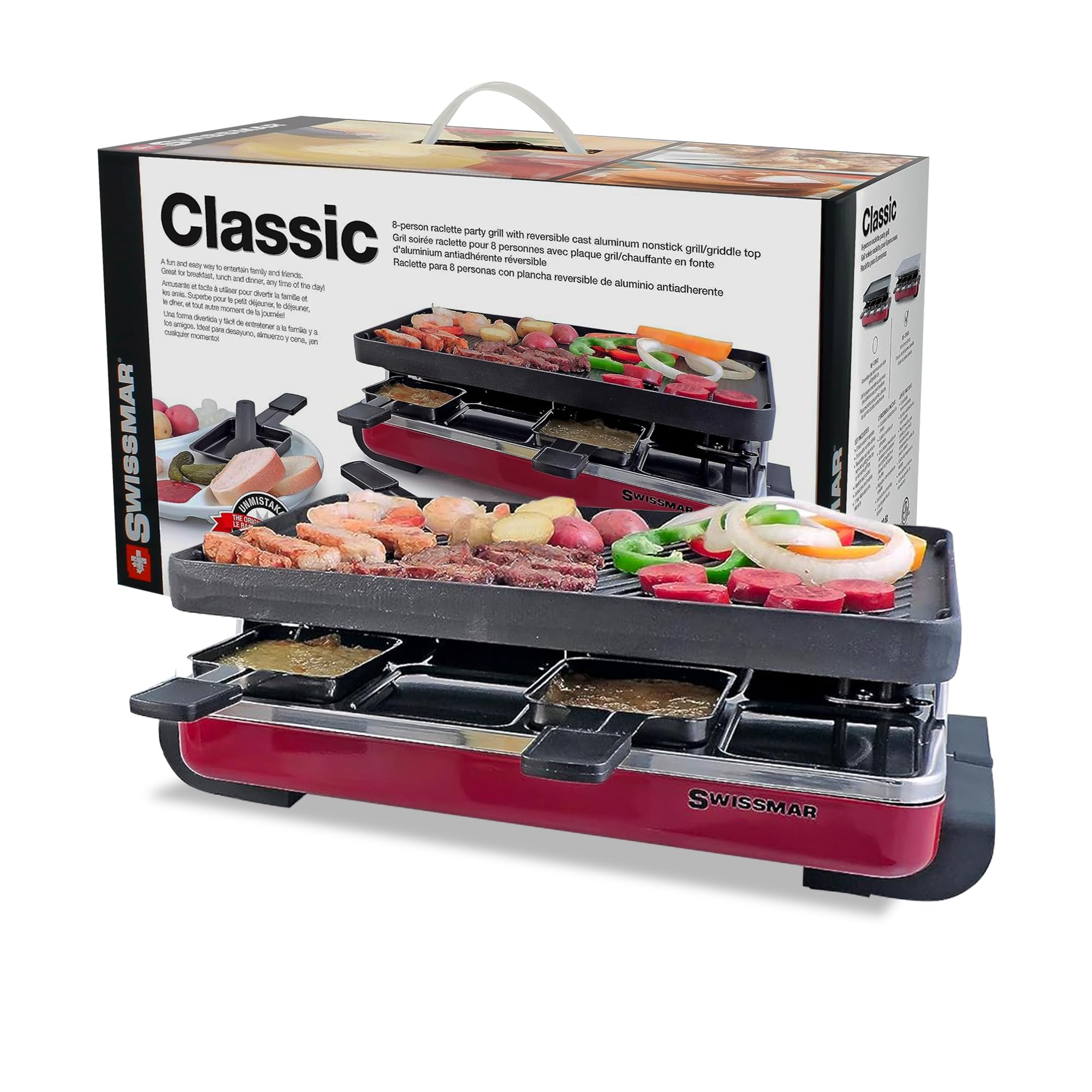 Swissmar Classic 8-Person Raclette Party Grill With Reversible Cast Iron Grill Plate/Crepe Top, Indoor Electric Raclette Grill &