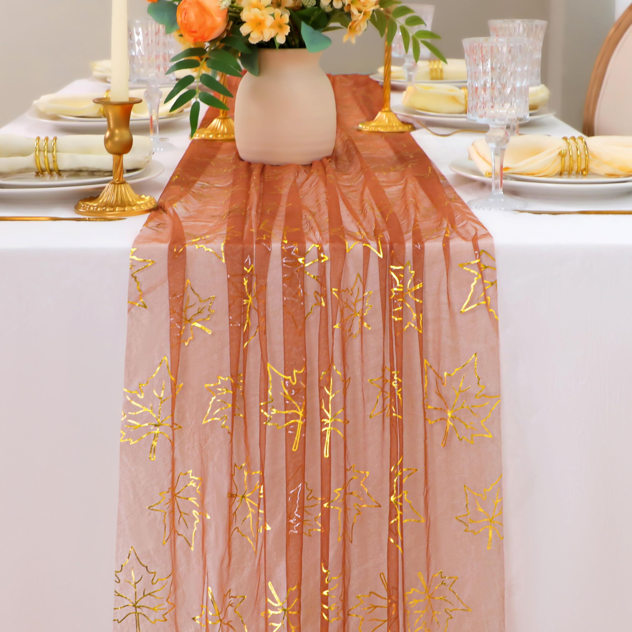 Snowkingdom Fall Thanksgiving Table Runner 10Ft, Gold Maple Leaves Burnt Orange Rust Sheer Tulle Gauze Cheesecloth, Golden Sequi