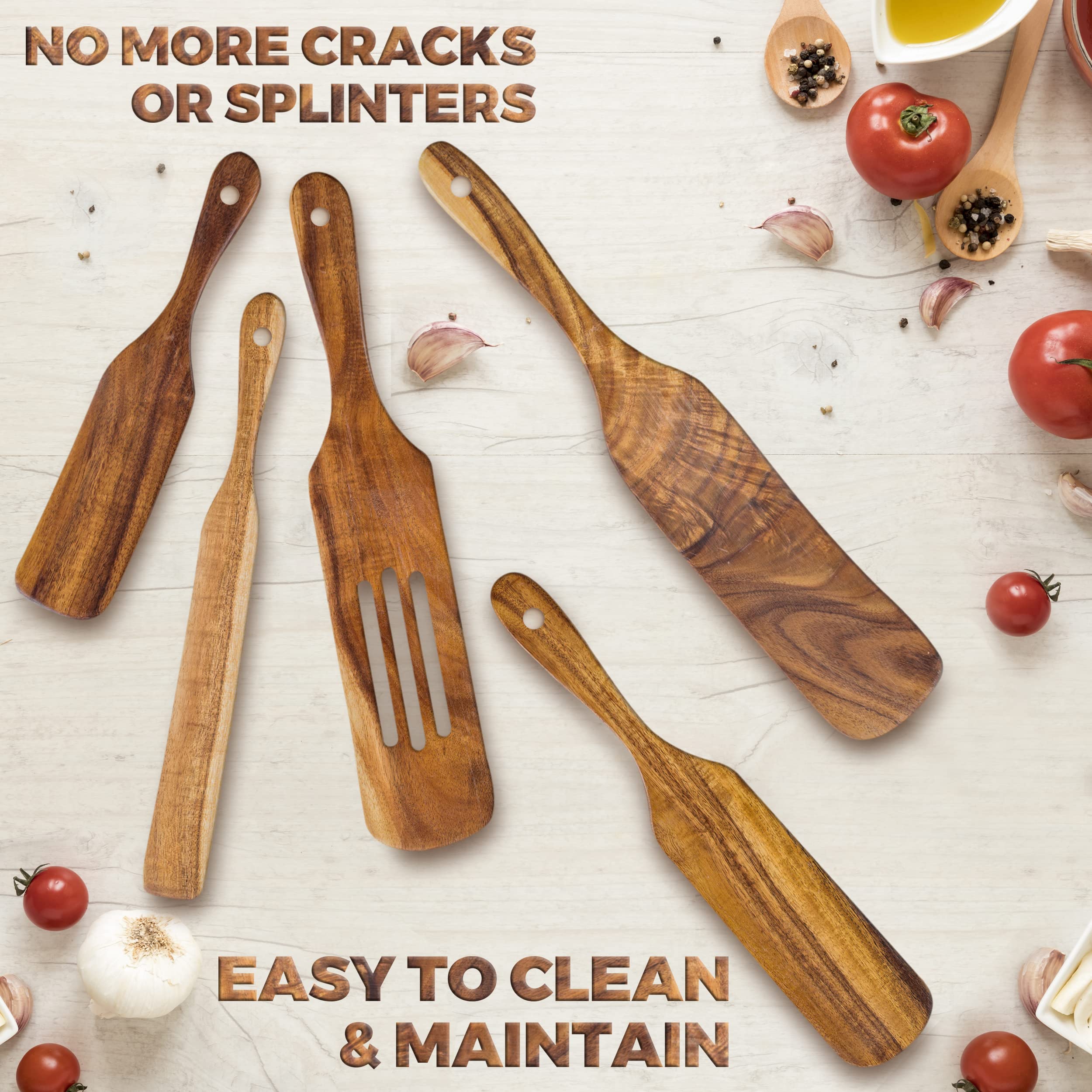 Wooden Spurtle Set Of 5, Acacia Wood Utensils For Kitchen, Heat Resistant Wooden Spoons For Cooking, Non-Stick Tool Sets, Versti