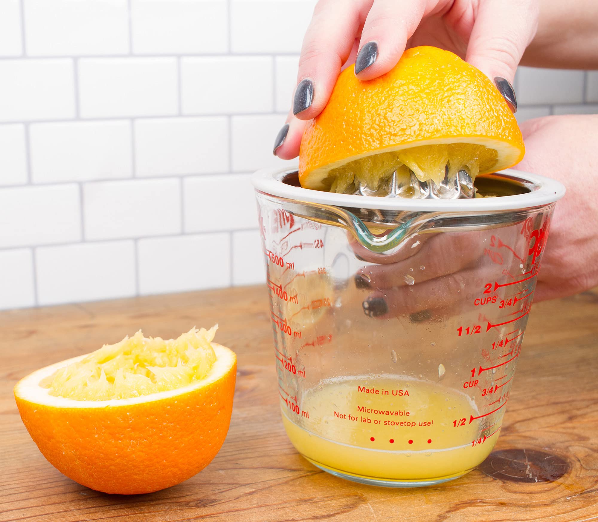 RSVP International Endurance (JUC-PYX) Manual Hand Citrus Juicer Squeezer  Stainless Steel  4.75 Inch Dia.  Use w/ Pyrex Cups  Bowls  For Oranges  Grapefruits  Lemons  Dishwasher Safe Silver