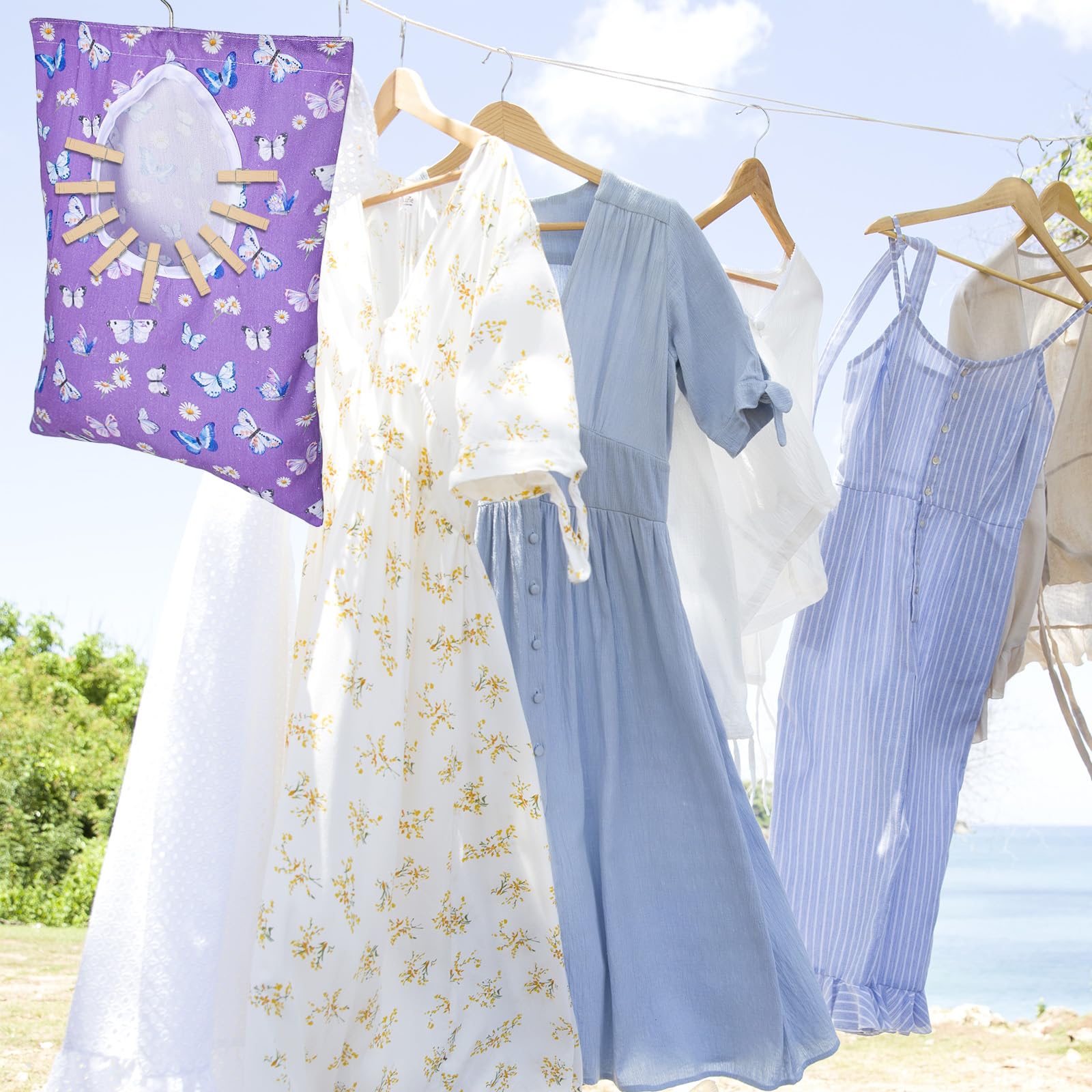 Whaline 2 Pcs Clothespin Bag With Hanging Hook Watercolor Butterfly Laundry Clothes Pin Holder Waterproof Clothespin Storage Org