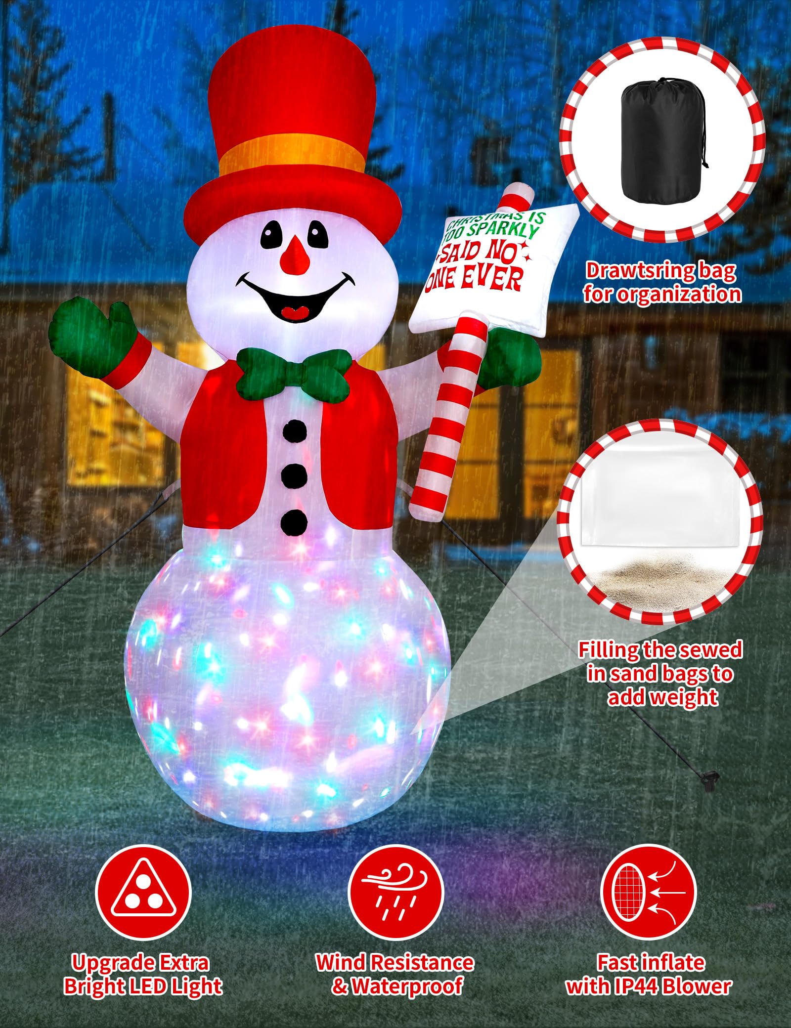 8ft Christmas Inflatable Outdoor Decoration Snowman, Gentleman Snowman Holding Sign Welcoming Guest, Built-in Rotating Disco Lig