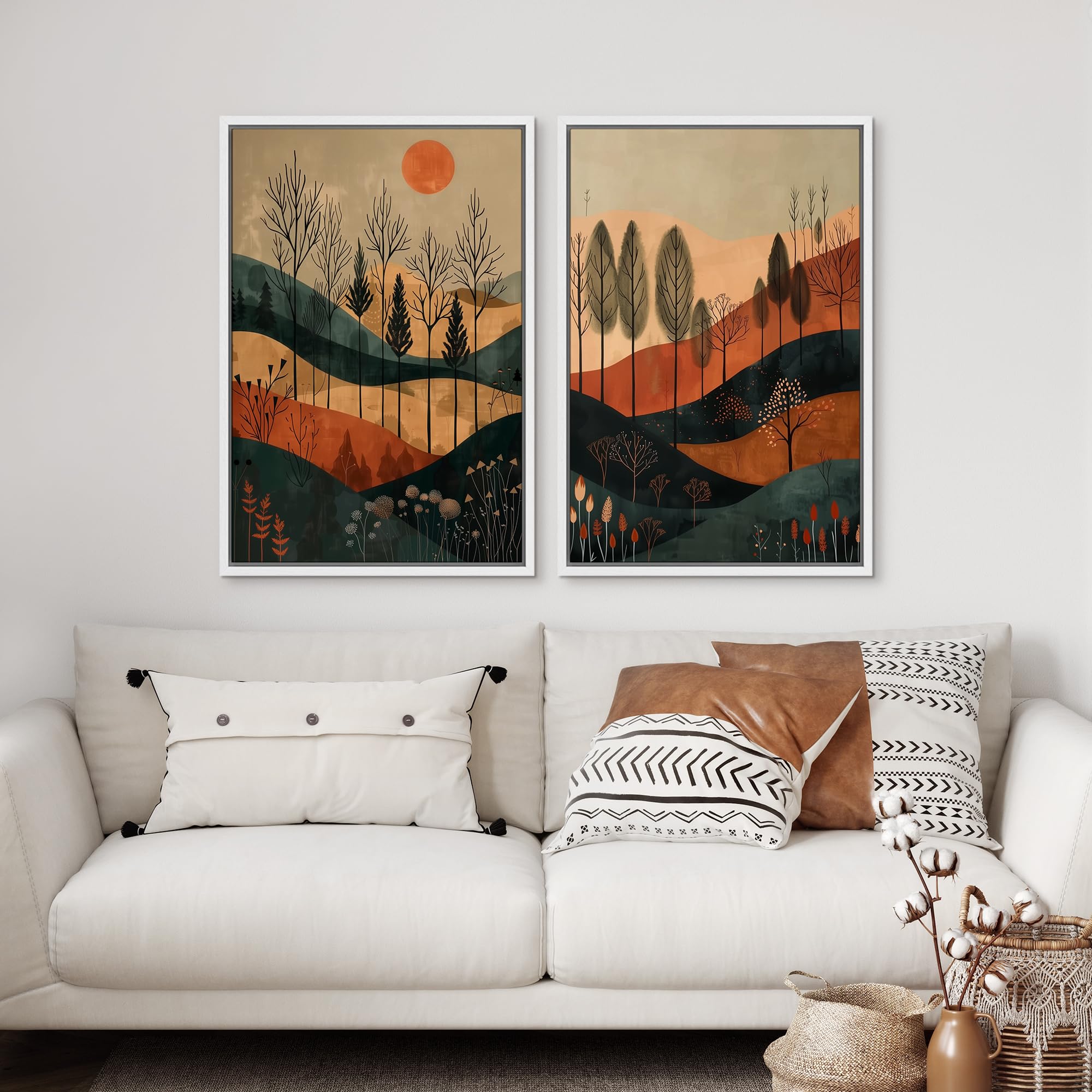 Signford Framed Canvas Print Wall Art Set Sunset Canopy Trees And Hills In Autumnal Shades Illustration Modern Art Decorative No