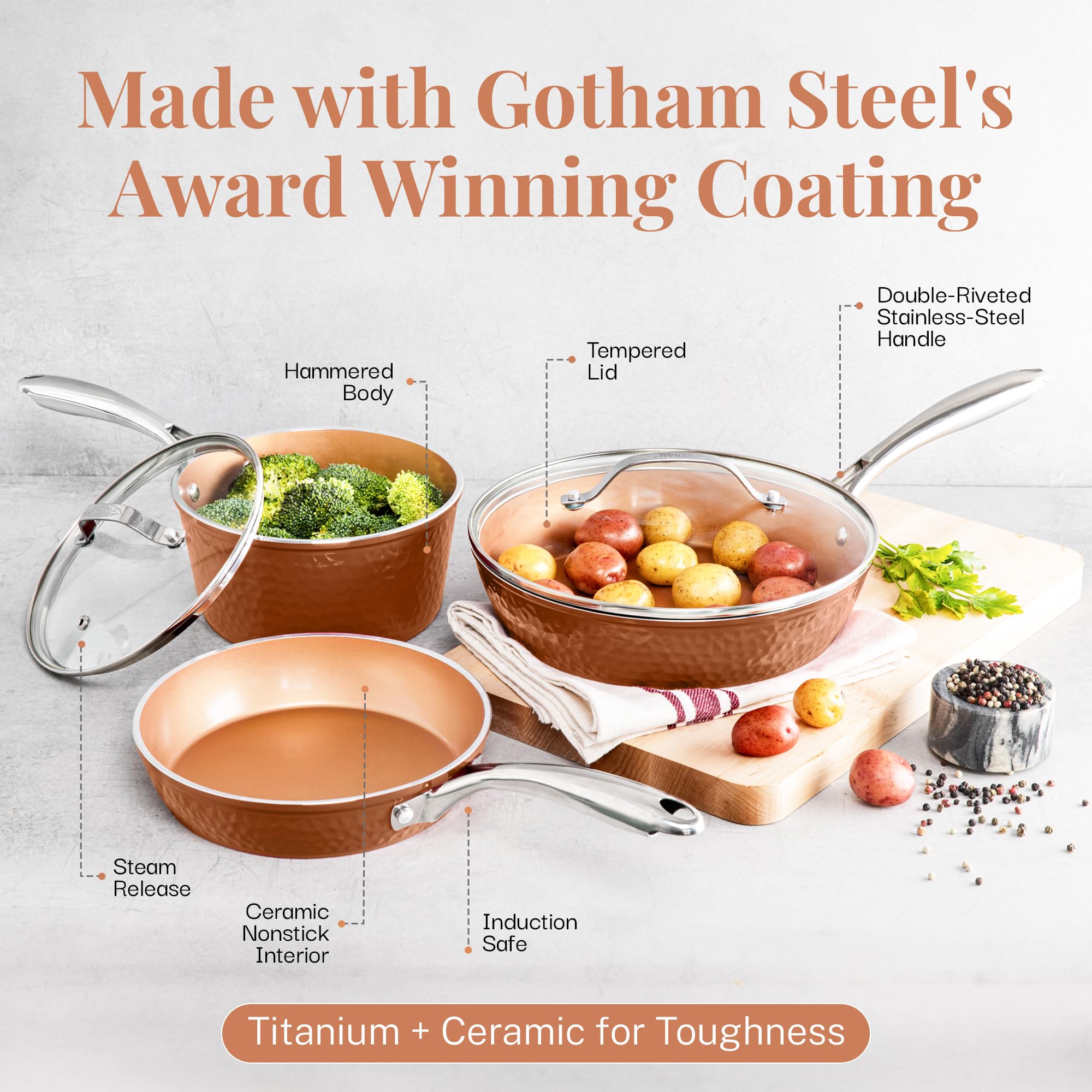 Gotham Steel Hammered Copper 12 Inch Non Stick Frying Pans With Lid, Frying Pans Nonstick With Lid, Non Toxic Ceramic Pan For Co