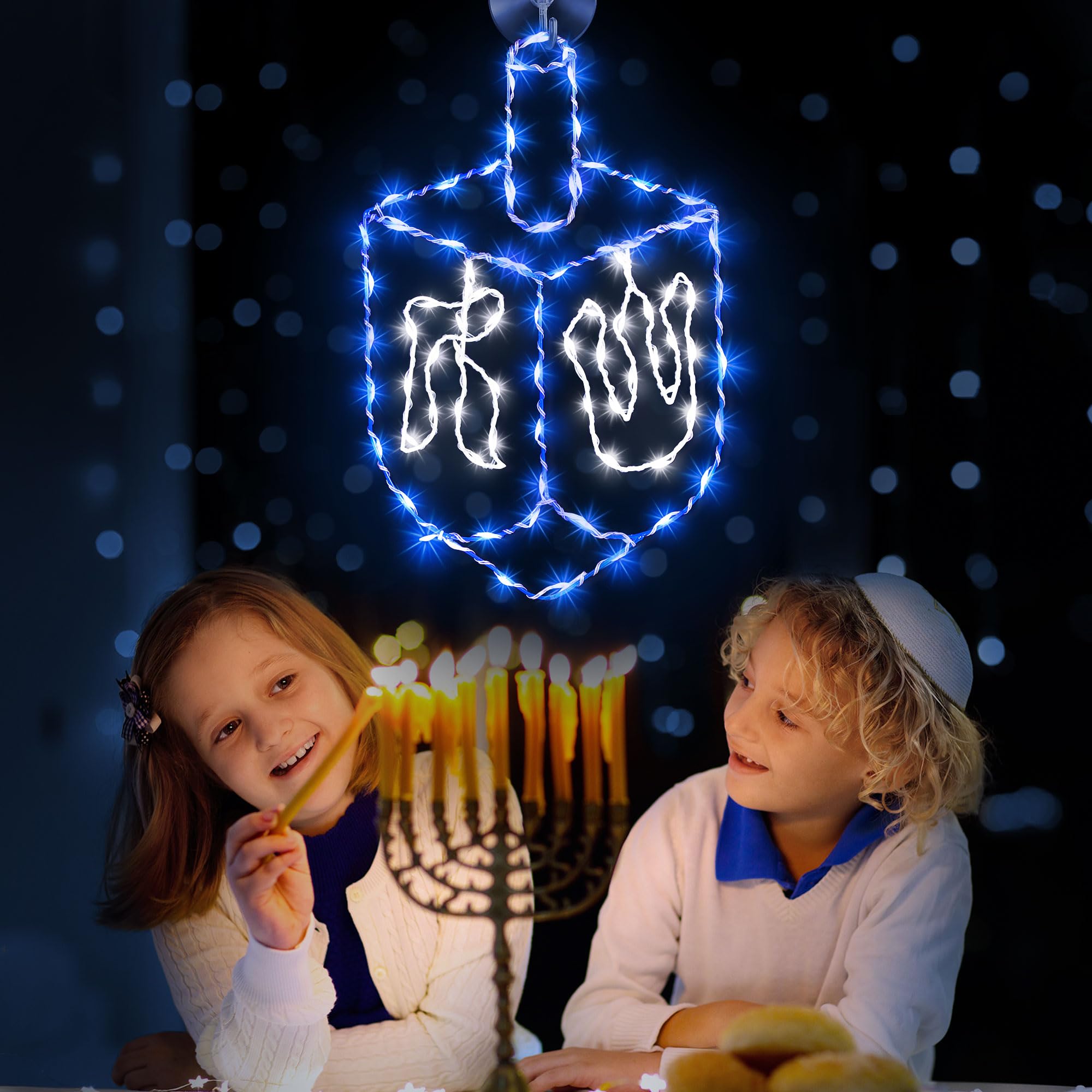 Hiboom Hanukkah Decorations Window Lights, Blue Chanukah Dreidel Lights Decorations, USB Powered Remote Control 8 Modes with Tim