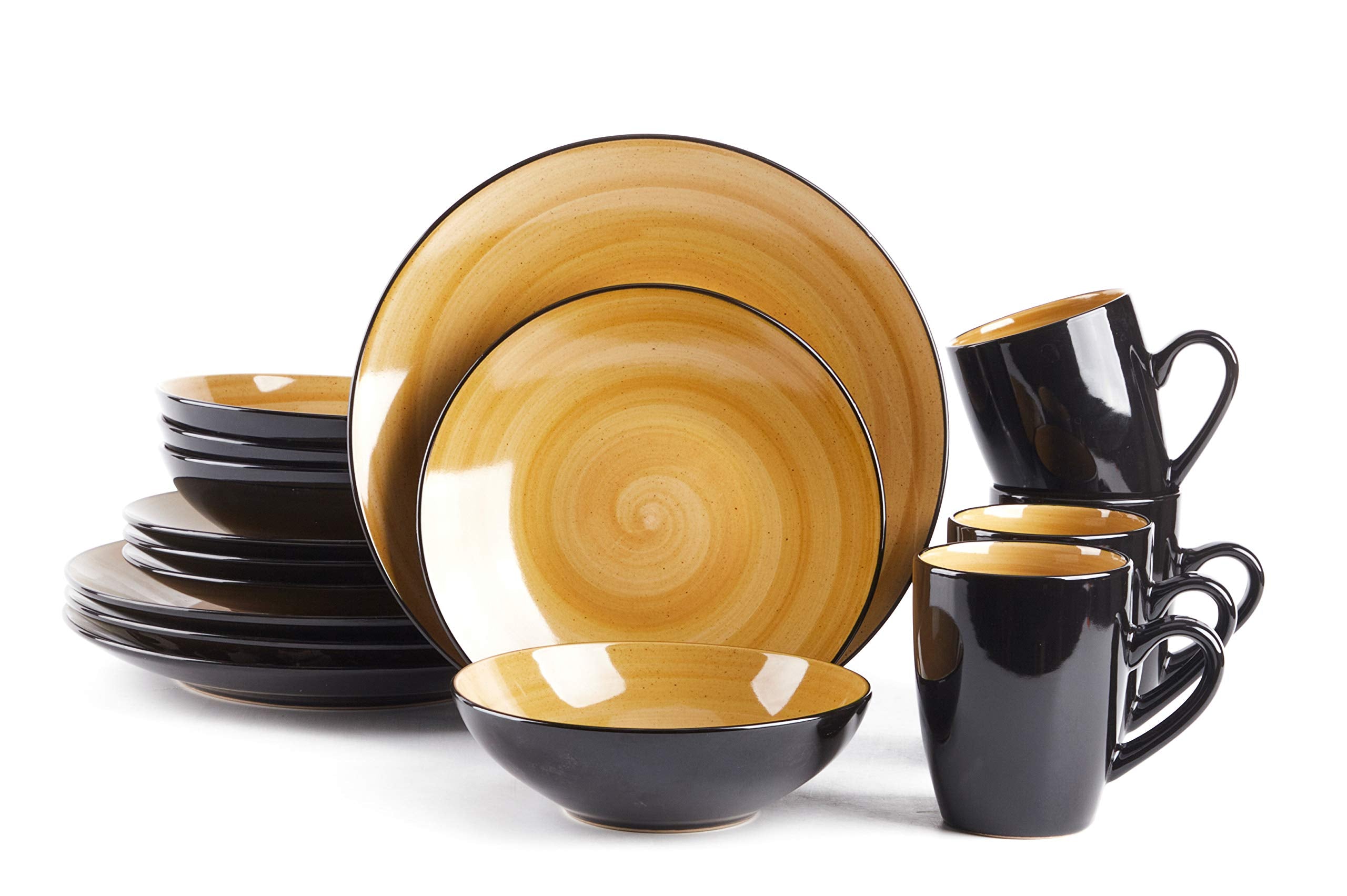 HomeVss Sonoma 16 Piece Stoneware Dinner Set, Outside Black + Inside Handpainted Color Yellow with speckle