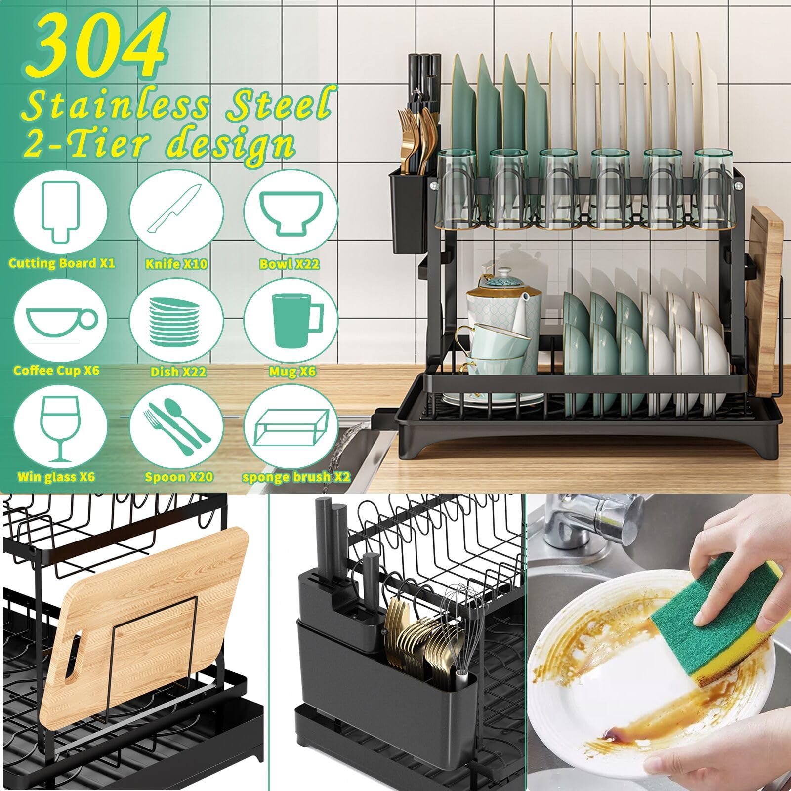 Xlmys Dish Drying Rack, 2 Tier Large Dish Drying Rack For Kitchen Counter With Drainboard Stainless Steel Dish Drainer For Dish/