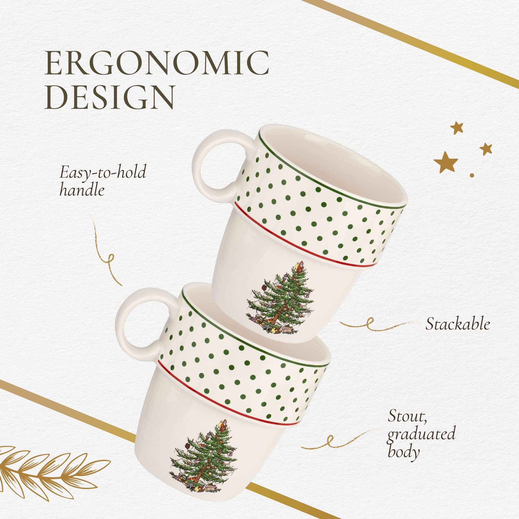 Spode Christmas Tree Polka Dot Stackable Mugs, Set Of 4 - Festive 10Oz Mugs For Hot Chocolate And Coffee, Space-Saving Design, D