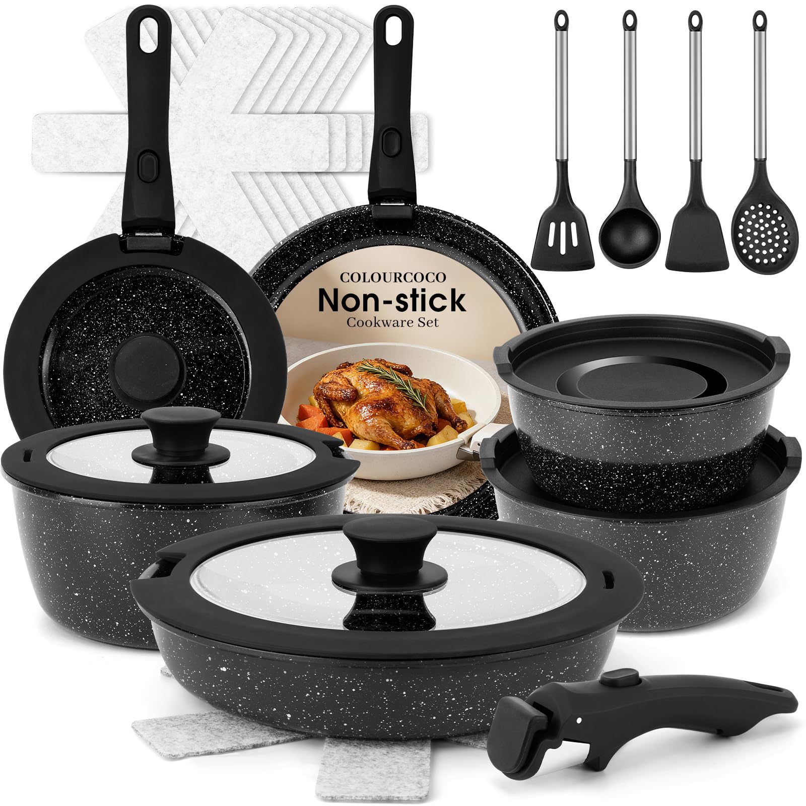 Colourcoco Pots and Pans Set - Non Stick 25 Pieces Cookware Set Pots and Pans with Detachable Handles, Includes Pans, Pots, Uten