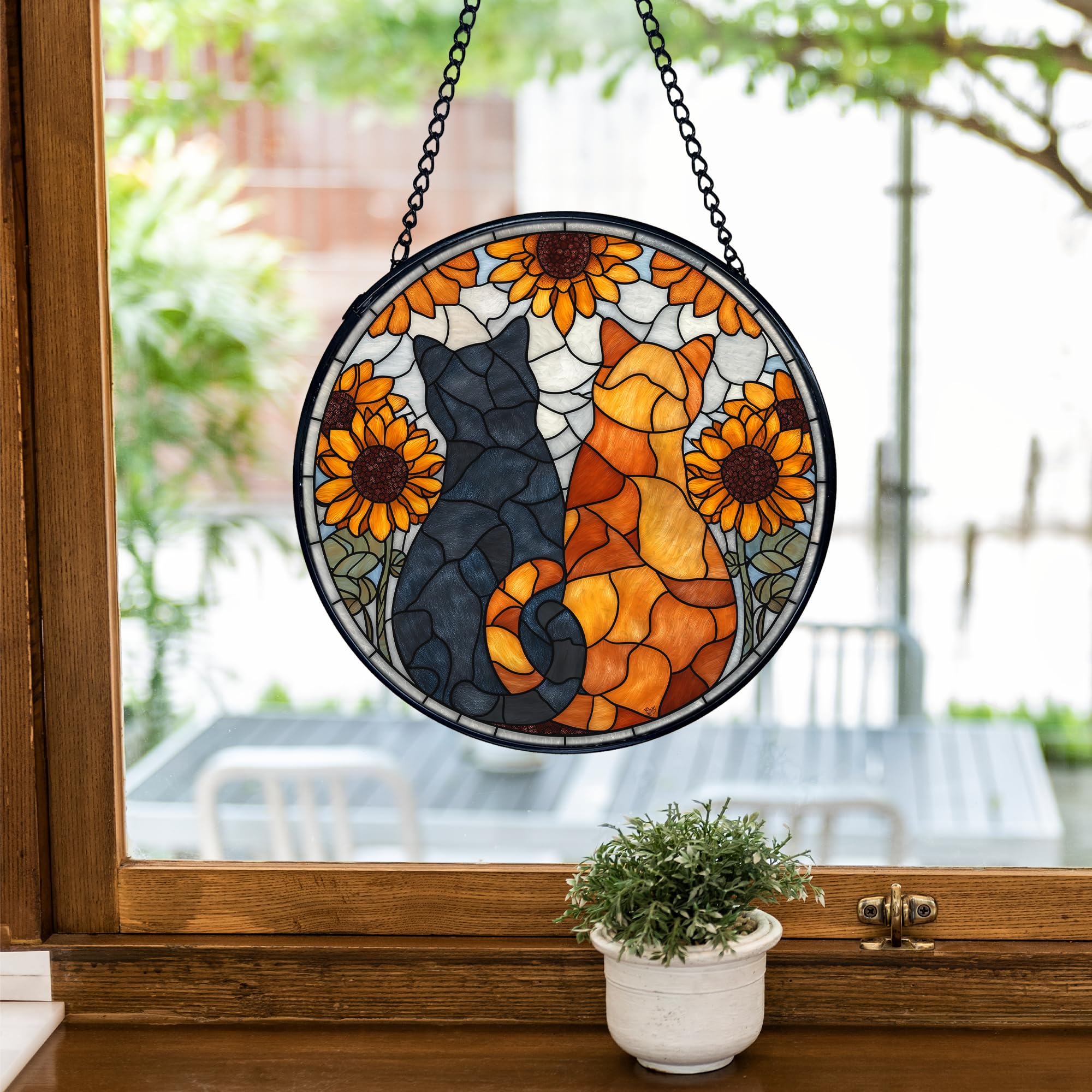 TNUW Cat Sunflower Stained Glass Window Hanging, Black Orange Cat Sunflower Suncatchers Indoor Window Glass Round Wall Art Decor