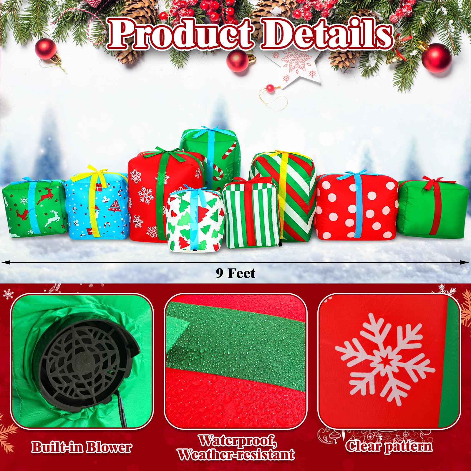 9 Foot Long Christmas Giant Inflatable Gift Boxes with 9 LED Lights Multicolor Gift Boxes Outdoor Indoor Decorations Xmas Blow u