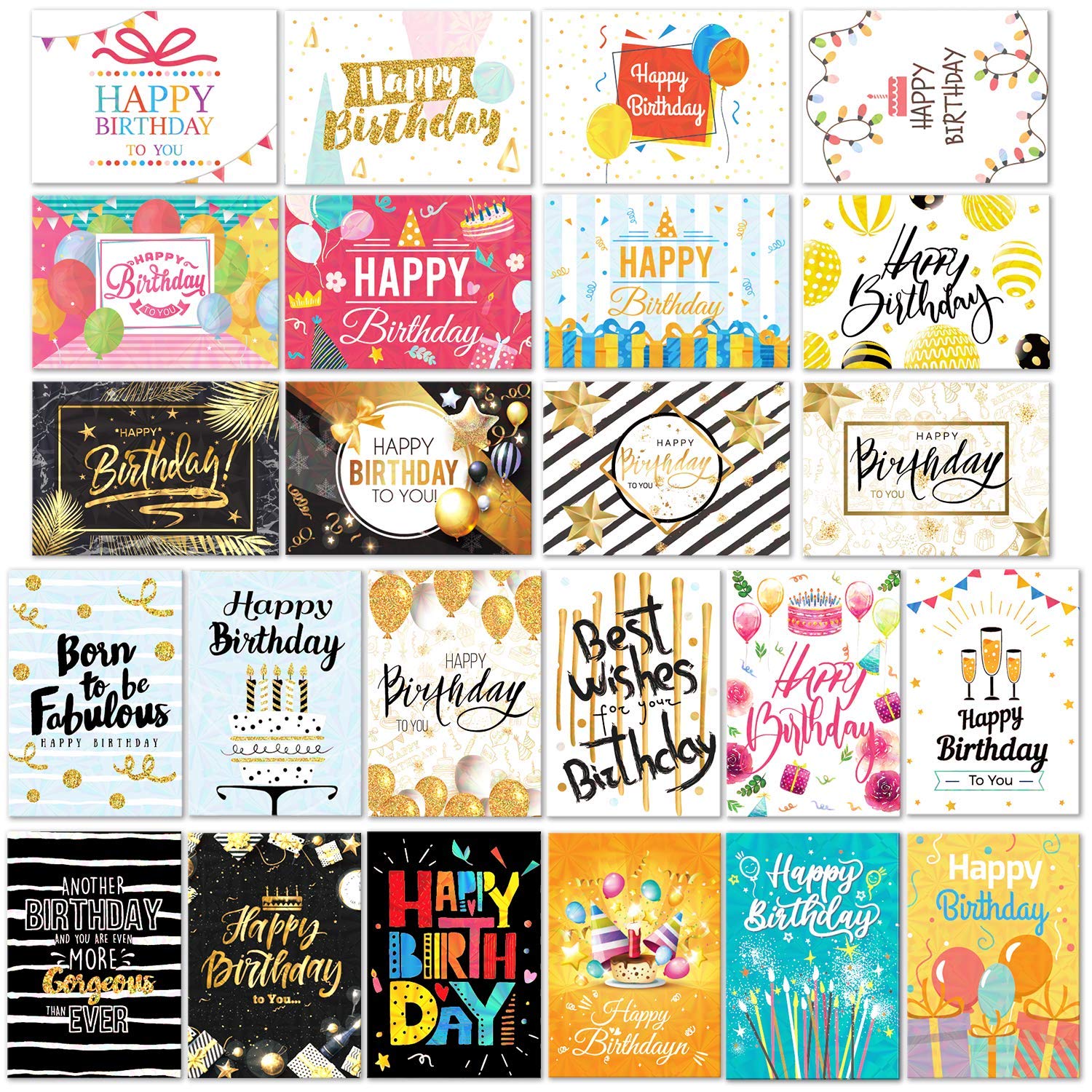 DEEPLAY 24 Birthday Posters Assortment  Elegant Bulk Notes Embossed with gold Foil Letters  with Envelopes and Stickers (47*67)