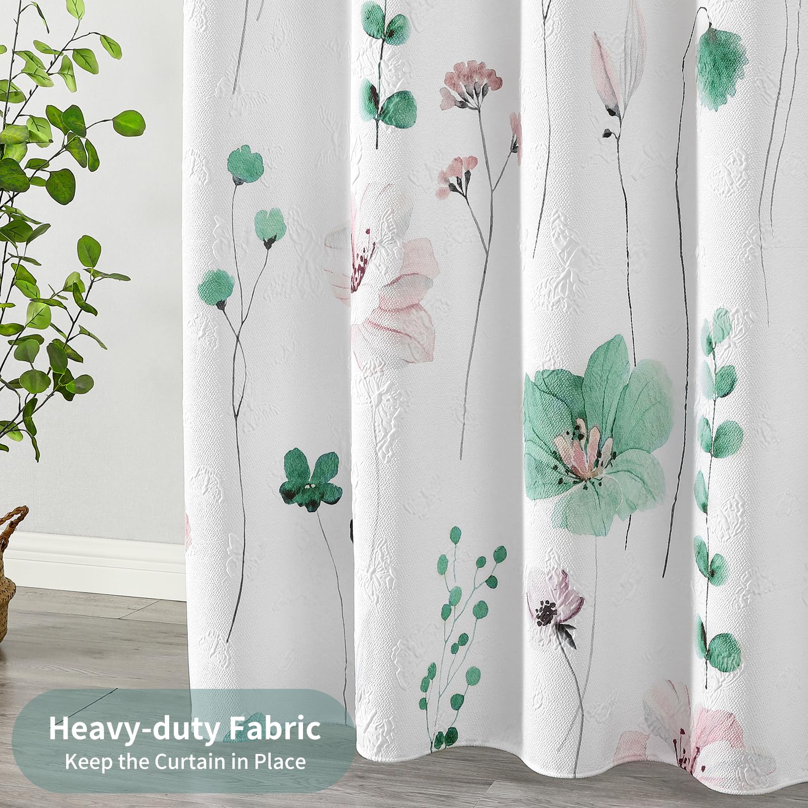 Qiyi Watercolor Floral Shower Curtain, 3D Embossed Butterflies Sage Green Flower Bathroom Curtain, Minimalist White Cloth Bath C