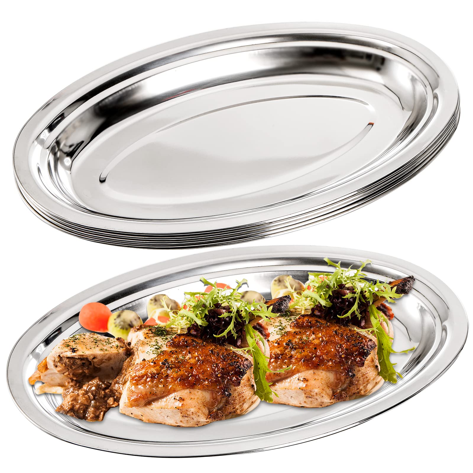 Suwimut 6 Pack Stainless Steel Oval Platter, Heavy Duty Mirror Polish Large Sizzling Platter Serving Tray Fish Plate For Steamin