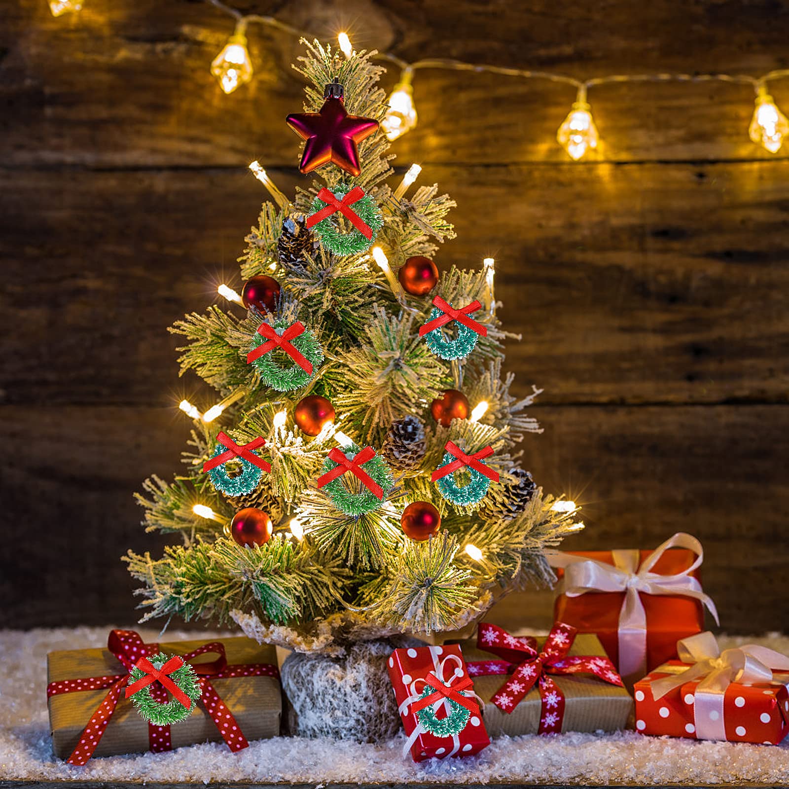 24 Pcs Mini Christmas Wreaths 1 Inch Xmas Tree Wreaths, Hanging Christmas Tree Wreath Ornaments for Christmas and Winter Holiday