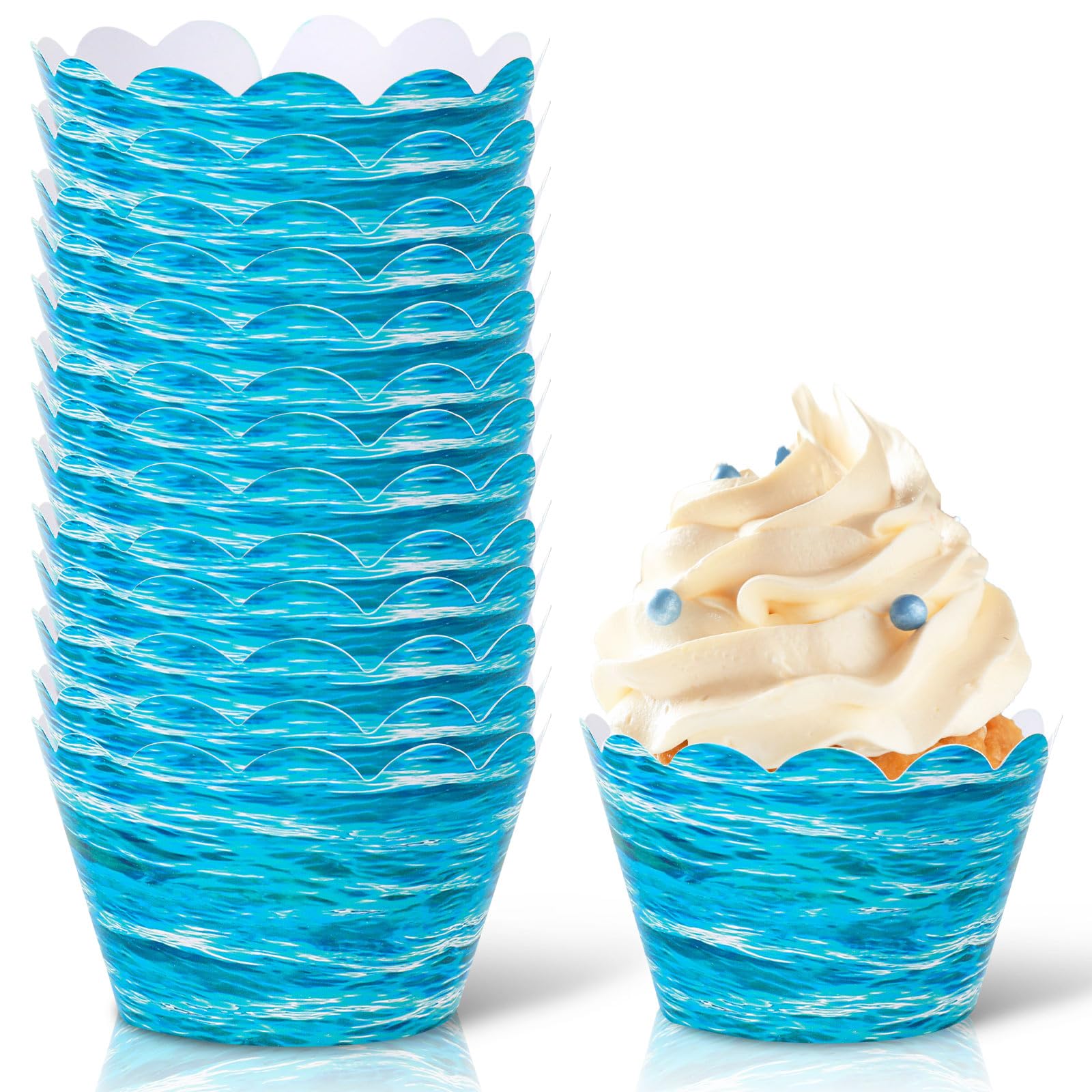 Whaline 48Pcs Ocean Wave Cupcake Wrappers Blue Sea Waves Cupcake Liners Summer Ocean Paper Baking Cup Cupcake Holders For Birthd