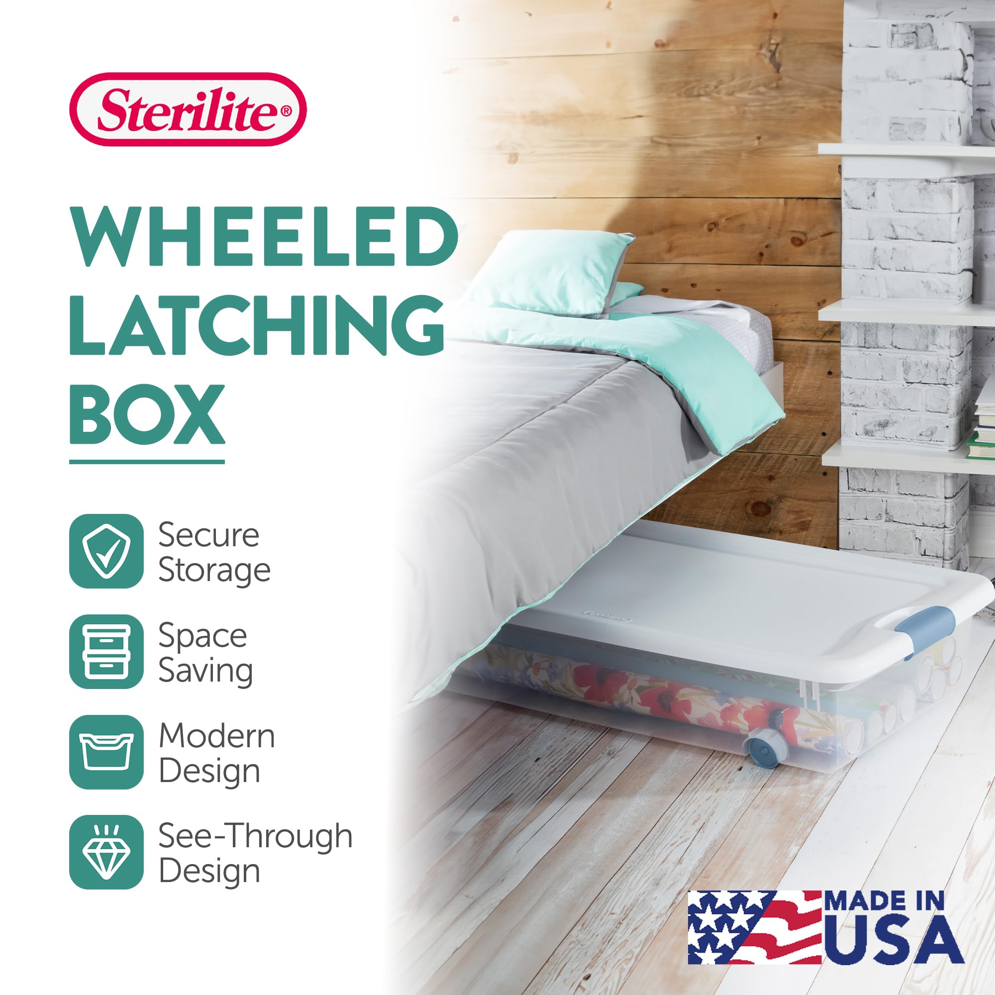 Sterilite 56 Qt Wheeled Latching Storage Box, Clear with White Lid, Stackable Plastic Container, 4-Pack