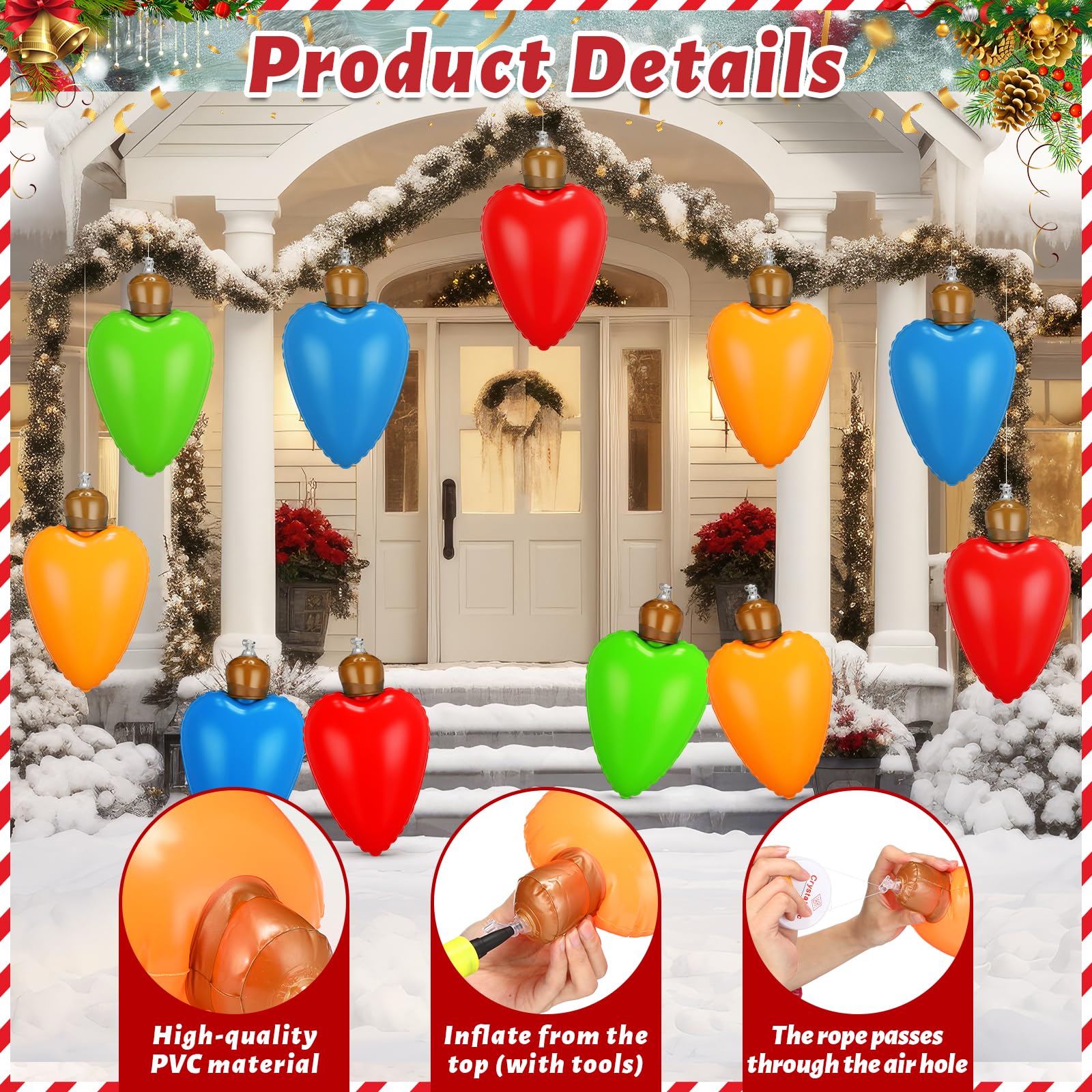 Vertintong 24 Pcs 10 Inch Inflatable Christmas Ball Decorations Inflatable Light Bulb Decor Giant Blow up Christmas Ornaments wi