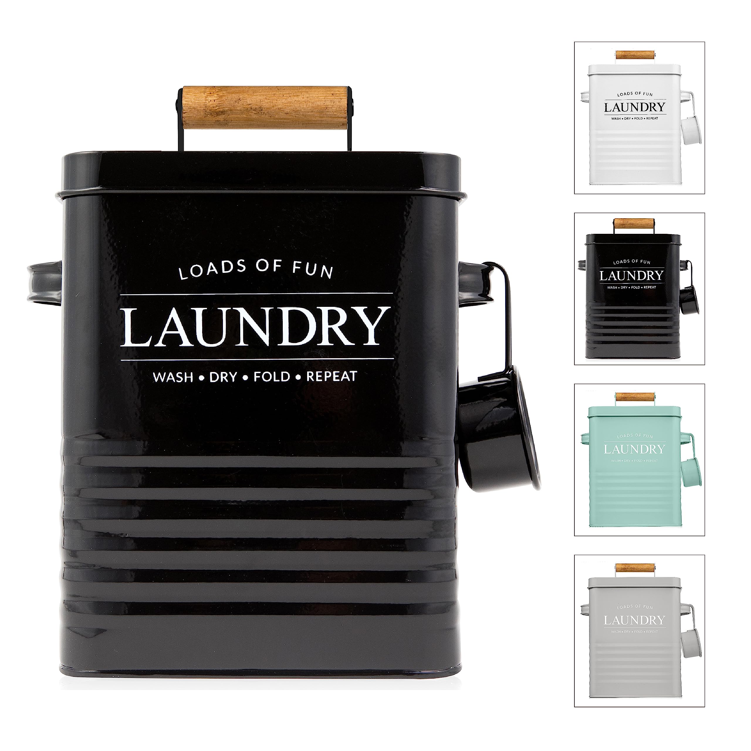 Calindiana Modern Farmhouse Metal Laundry Soap Dispenser Container Holder With Scoop For Laundry Room Decor And Space Saving Lau