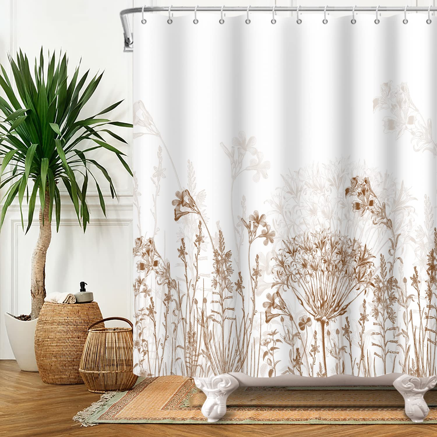 Yeele Long Botanical Shower Curtain, Brown Floral Shower Curtain For Bathroom Waterproof Fabric Bathroom Shower Curtain Set With