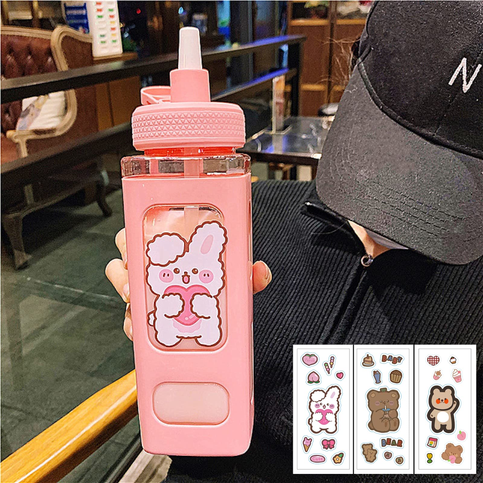 Pexizuan Kawaii Bear Water Bottle With Straw Sport Plastic Portable Square Drinking Bottle For Girl Cute Juice Tea Water Cups 70