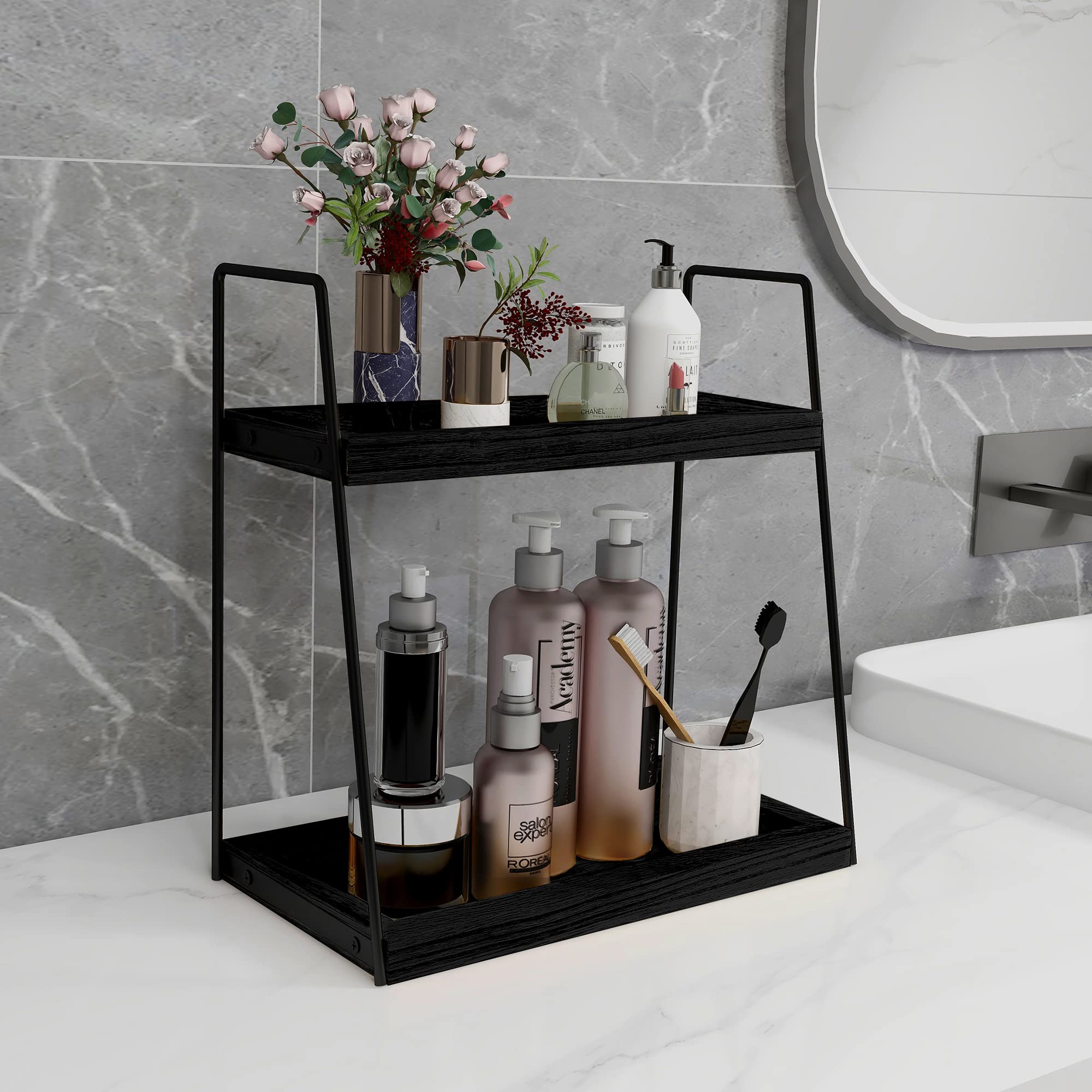 Dorhors 2 Tier Bathroom Countertop Organizer,Wood Bathroom Counter Organizer Shelf,Counter Standing Rack Cosmetic Holder,Kitchen