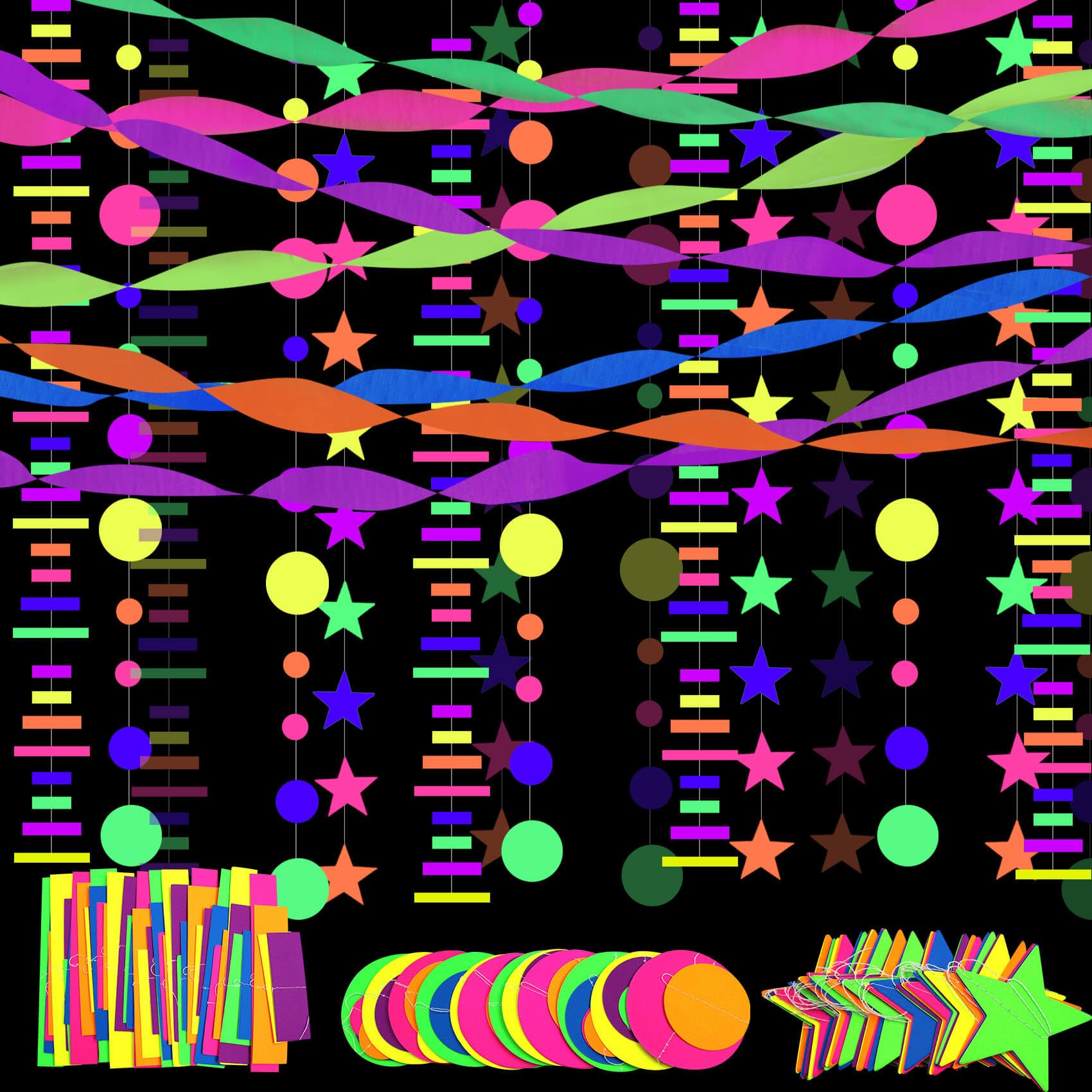 108feet UV Neon Paper Star Garland Glow in The Dark Streamers for neon Party Supplies UV Fluorescent Reactive Paper Star Banner 
