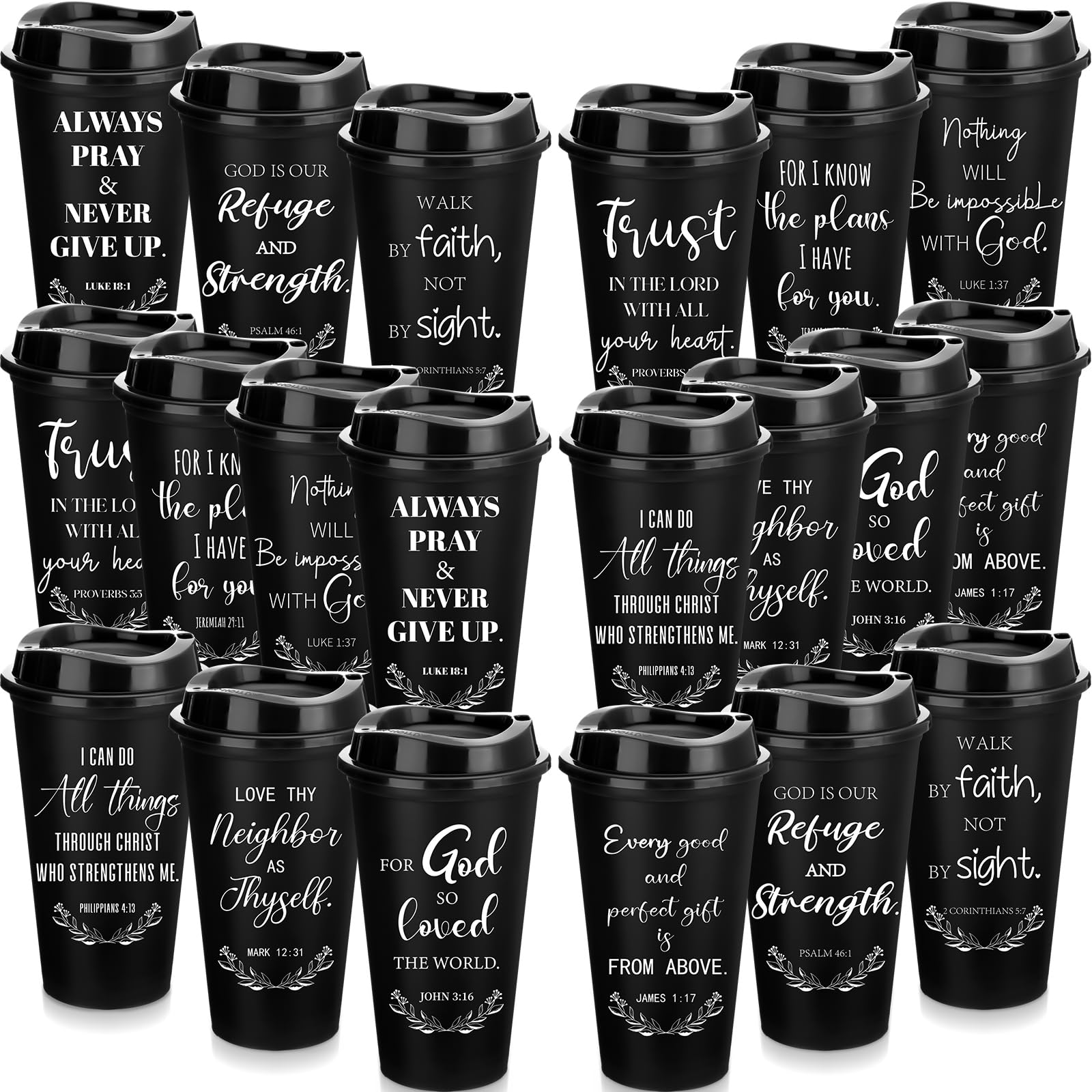 Skylety 20 Pack Christian Gifts for Men Women 16oz Reusable Bible Verse Tumbler Bulk Plastic Coffee Cups with Lids Inspirational
