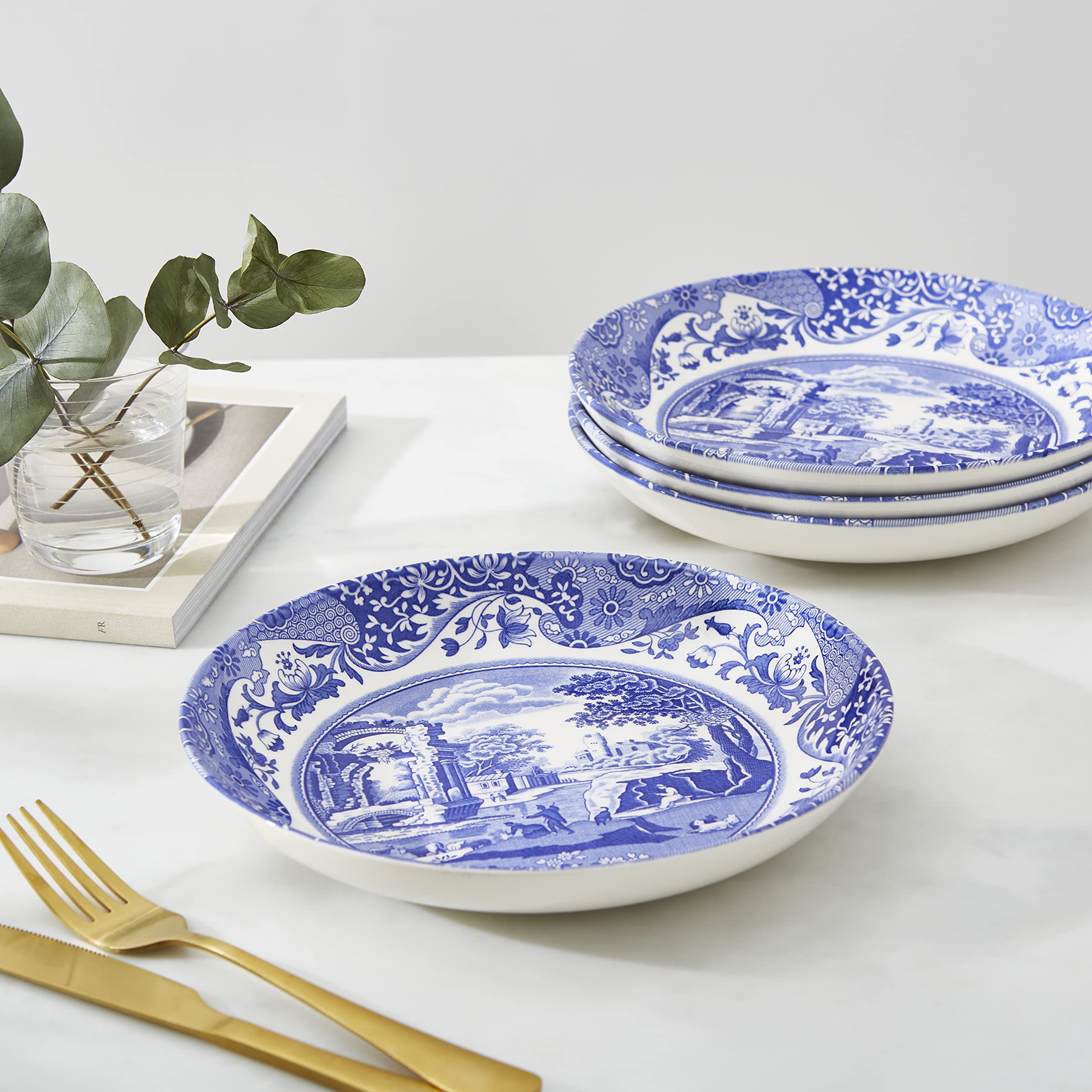 Spode Blue Italian Pasta Bowls | Set Of 4 | 9-Inch | Salad, Pasta, And Soup Serving Bowls | Round, Wide, And Shallow Bowl | Micr