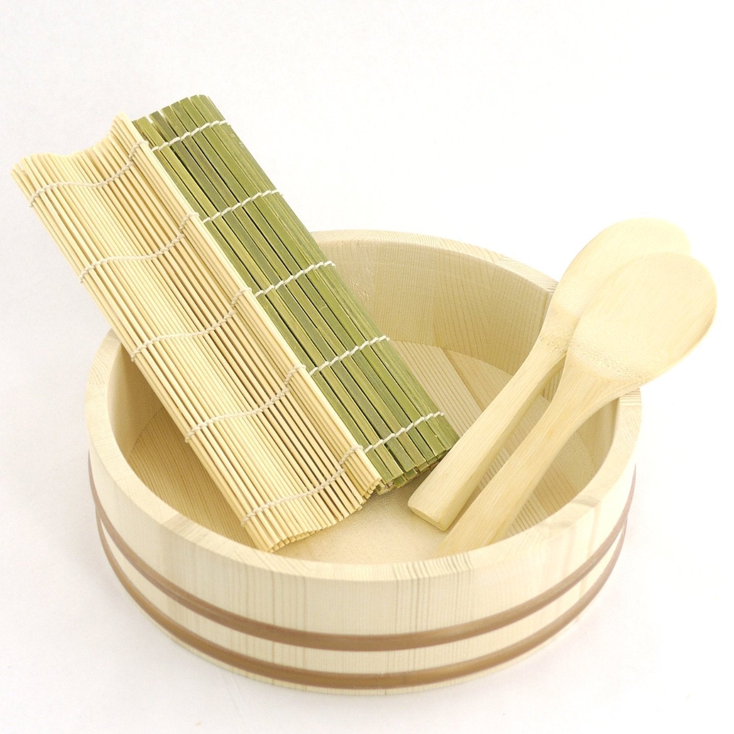 Bamboomn 13.0'' Hangiri Oke Sushi Rice Cooling Bowl/Tub With 5 Pieces Sushi Making Serving Accessory Kit - Large