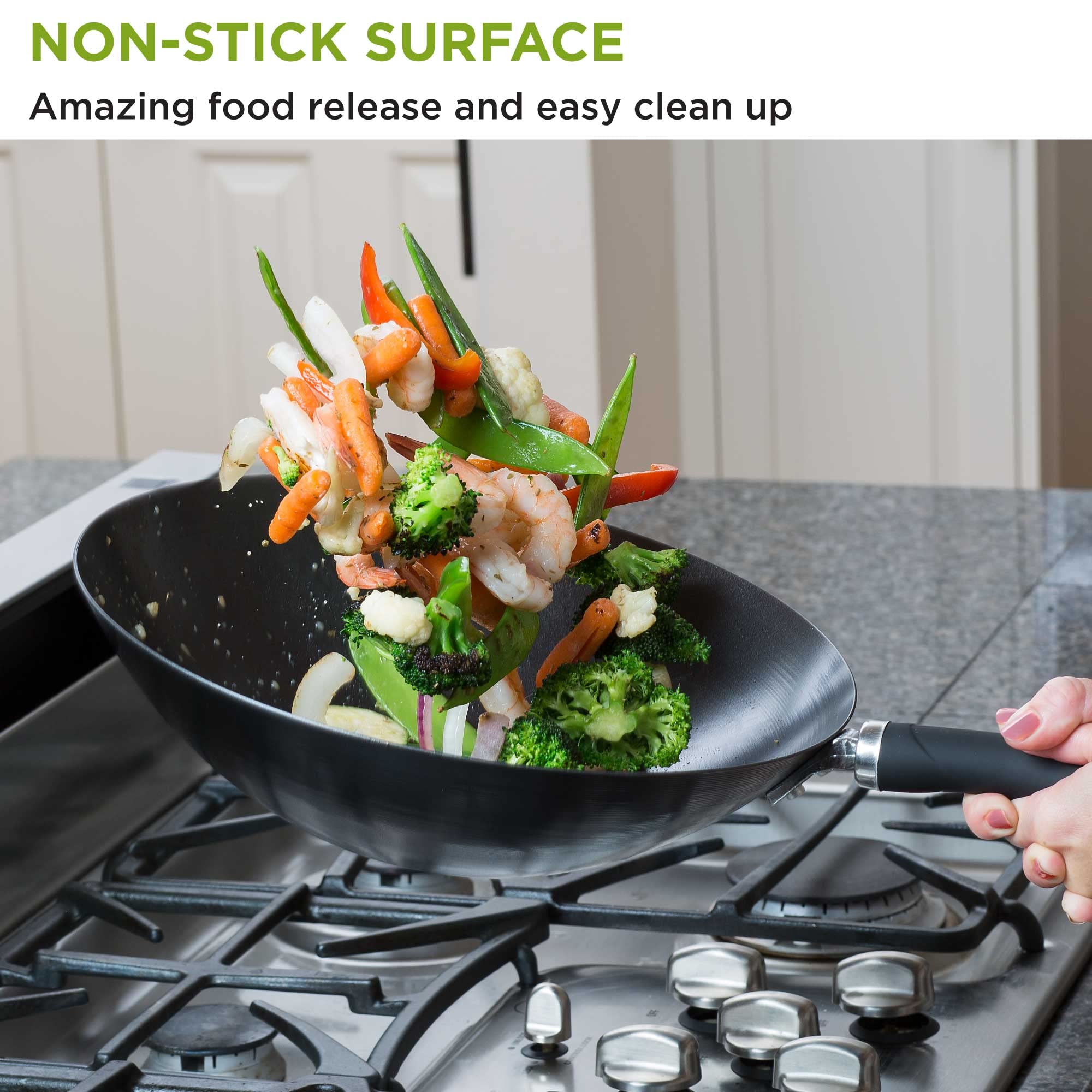 Ecolution Non-Stick Carbon Steel Wok With Soft Touch Riveted Handle, 12'',Black