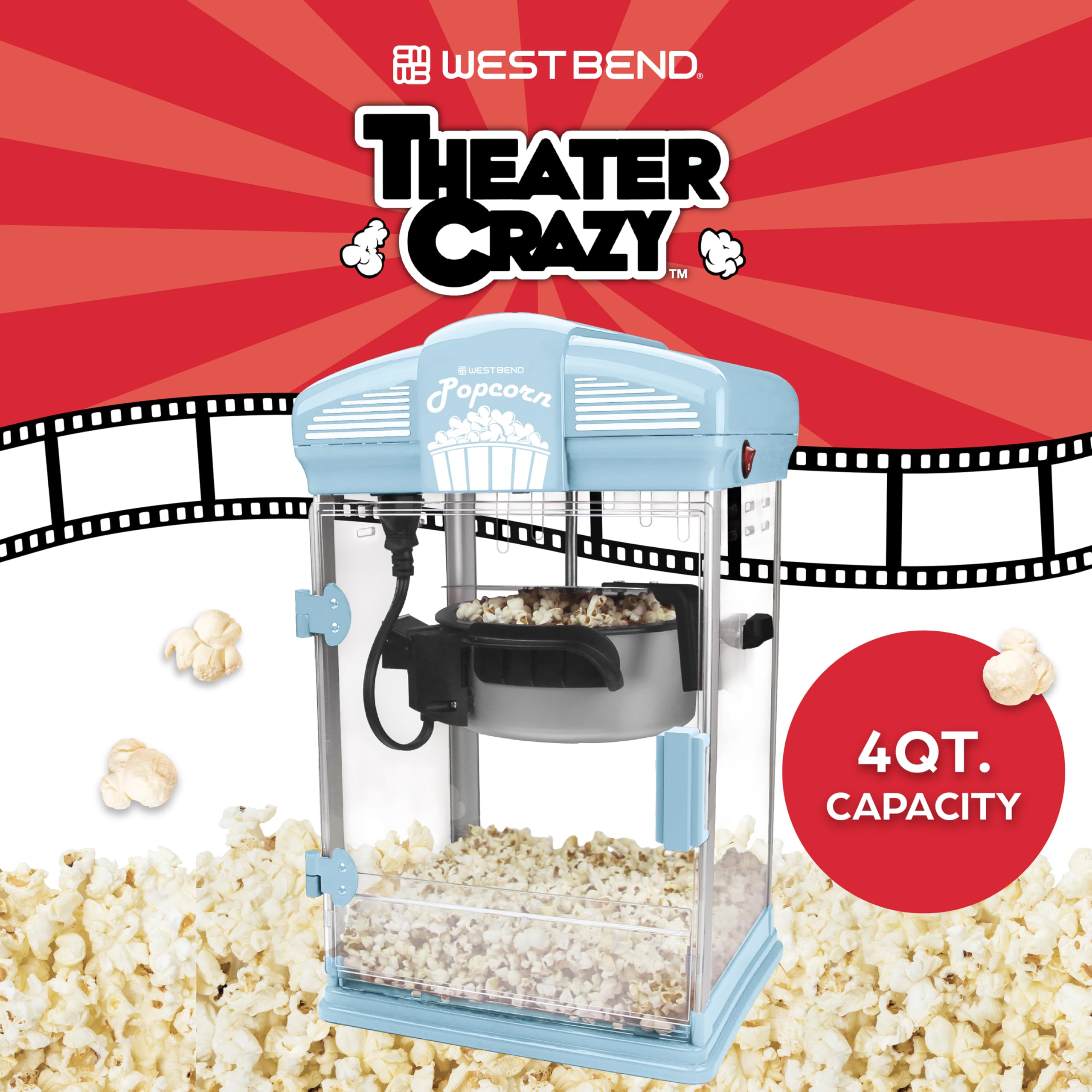 West Bend Stir Crazy Movie Theater Popcorn Popper  Gourmet Popcorn Maker with Nonstick Popcorn Kettle  Measuring Tool and Scoop   4 Qt  Blue