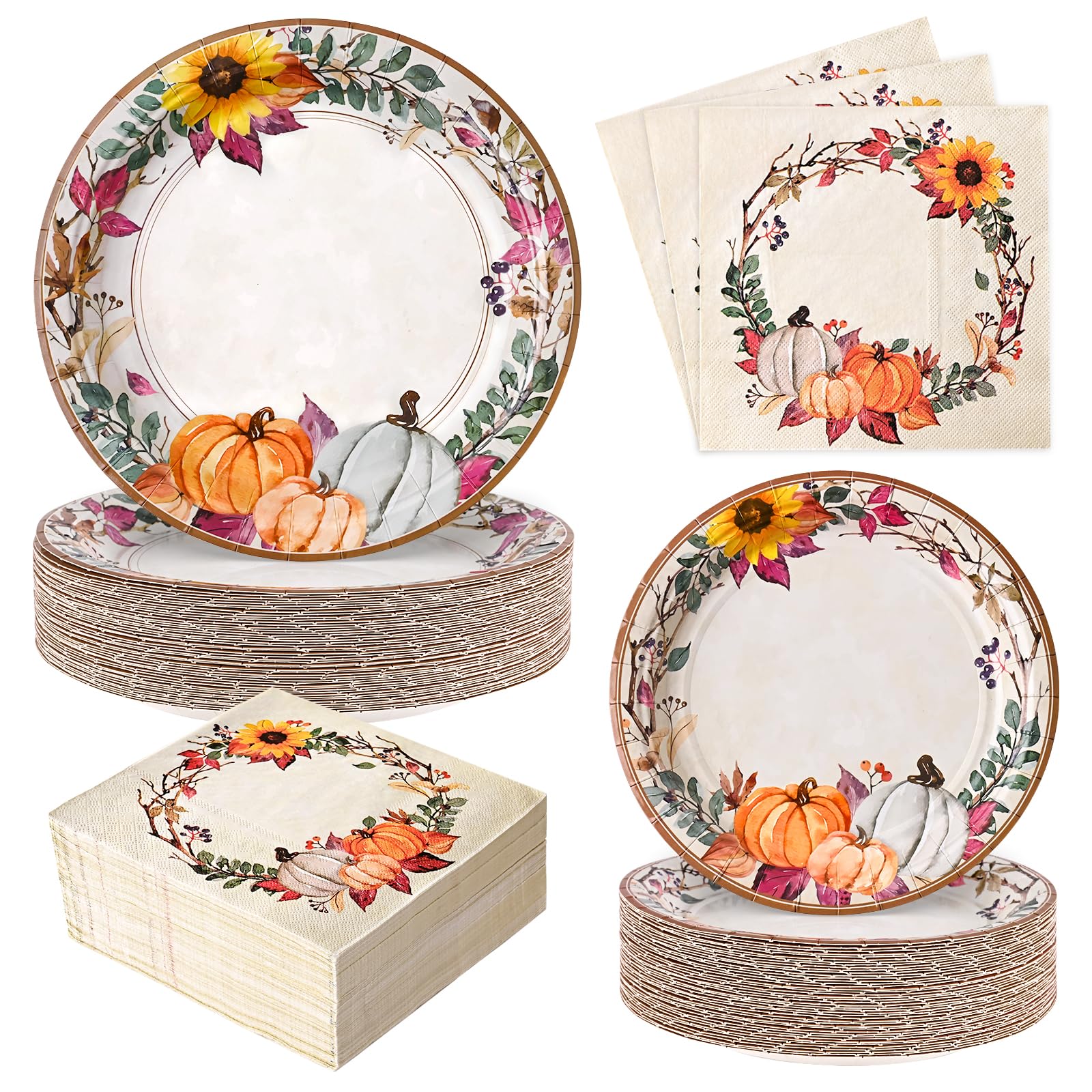 Homlouue 200 Pcs Fall Paper Plates and Napkins, Thanksgiving Plates and Napkins Sets, Fall Pumpkins Wreath Plate Disposable Part