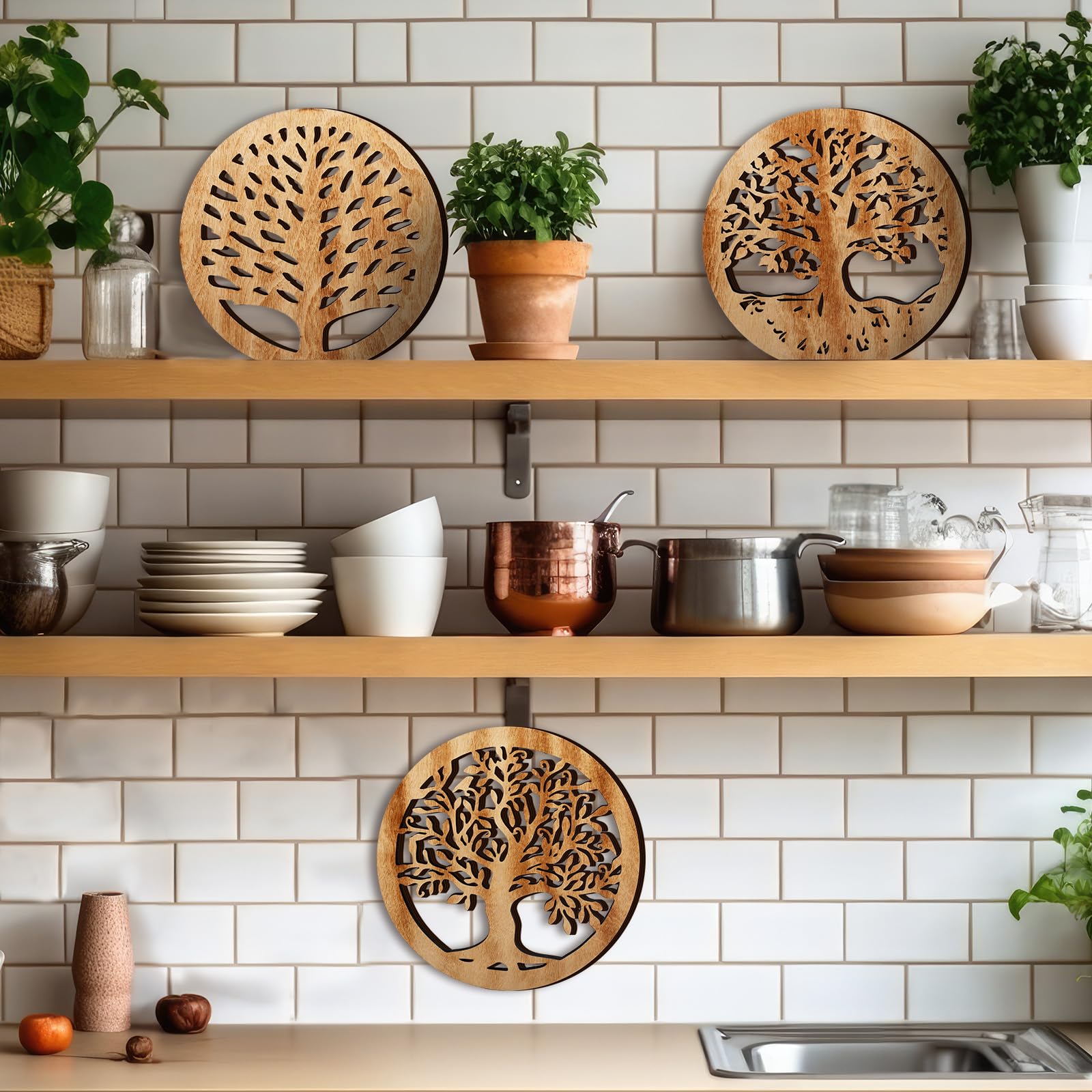 Beeveer 3 Pcs Life Tree Wooden Trivets Round Plates Hot Dishes Trivet Heat Resistant Hot Pan Holder Winter 8 Inch(Light Wood Col