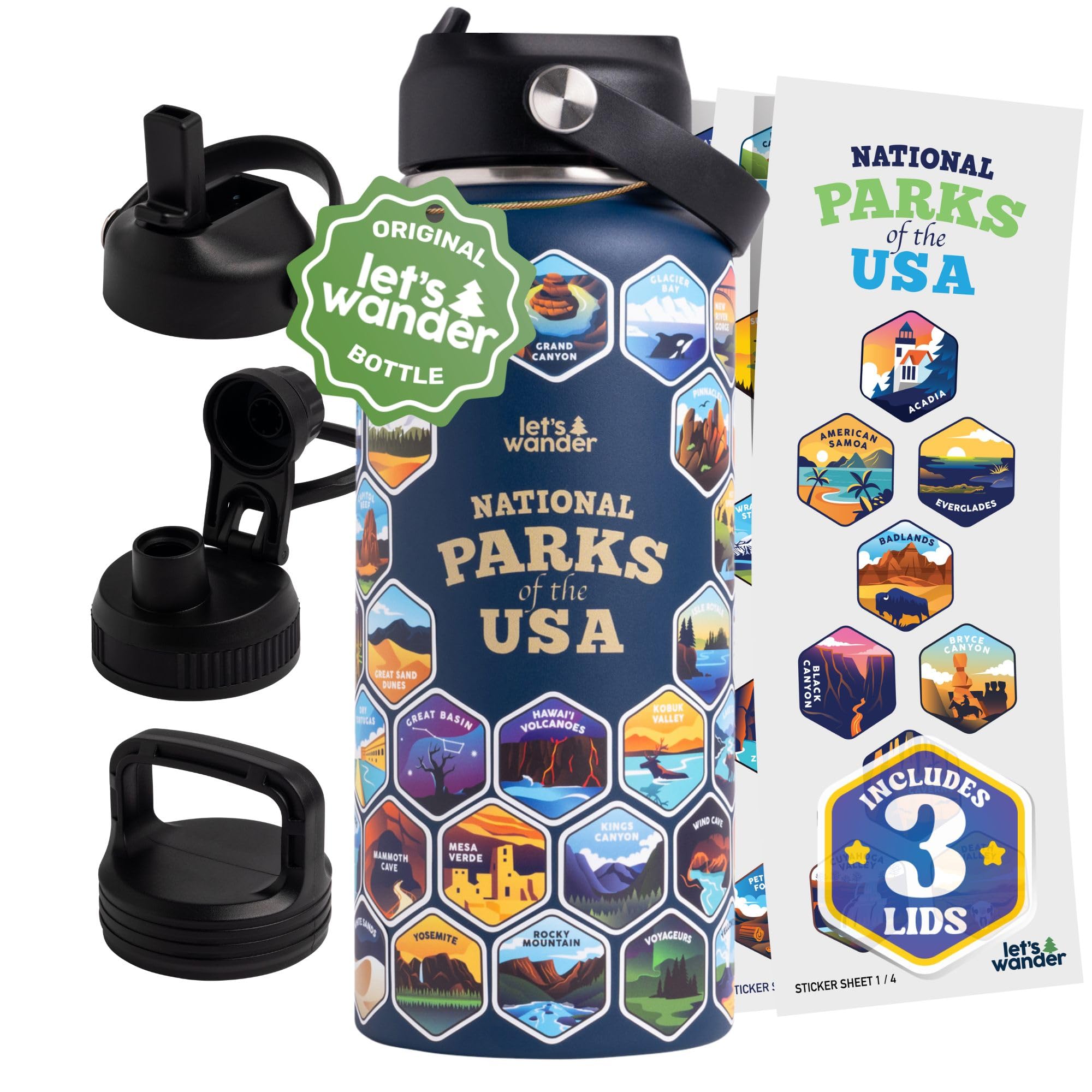 LET S WANDER National Parks Water Bottle with 3 Lids & 63 Waterproof Stickers - 32oz Leakproof Insulated Stainless Steel with S